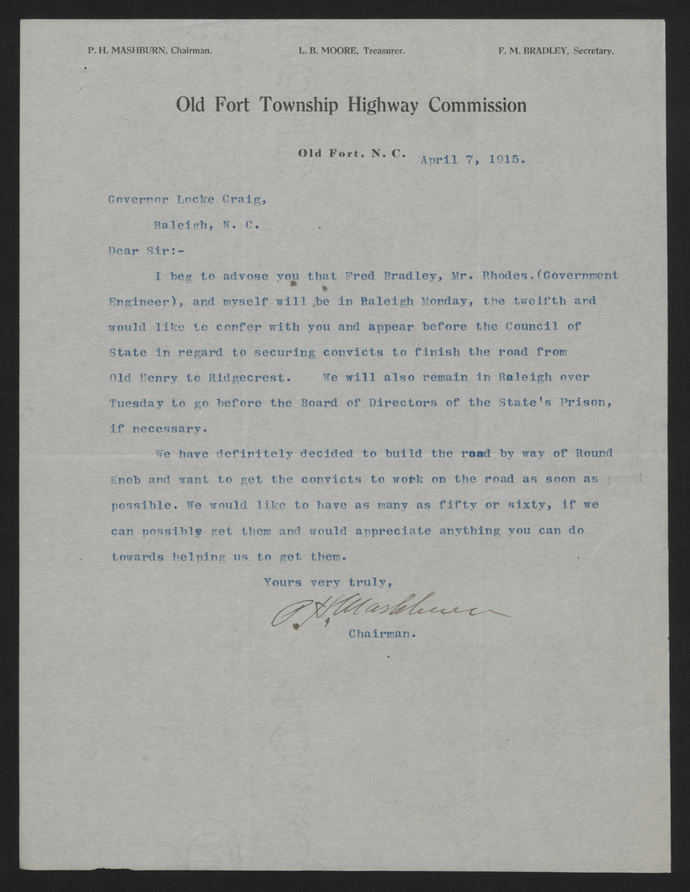 Letter from Mashburn to Craig, April 7, 1915