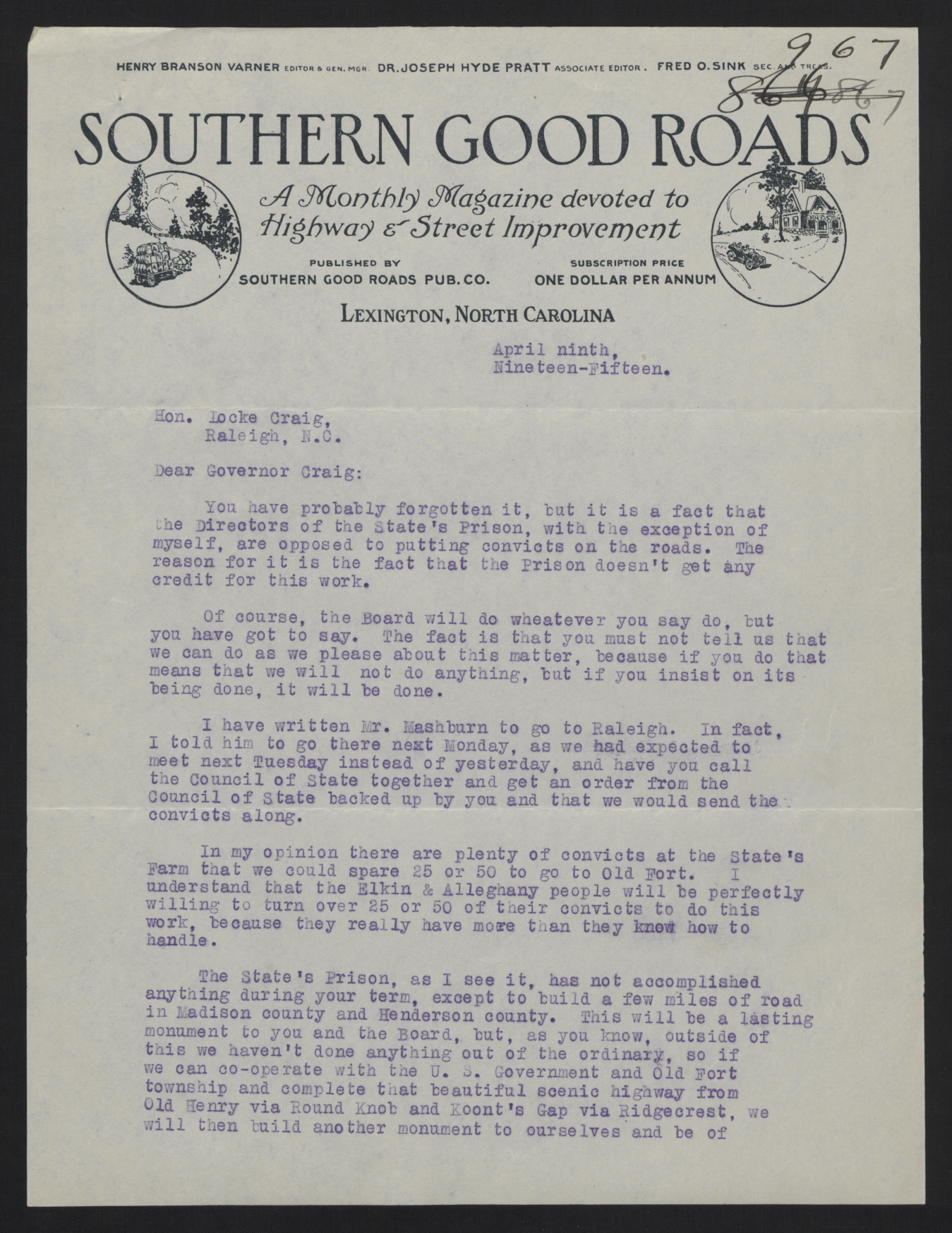 Letter from Varner to Craig, April 9, 1915, page 1