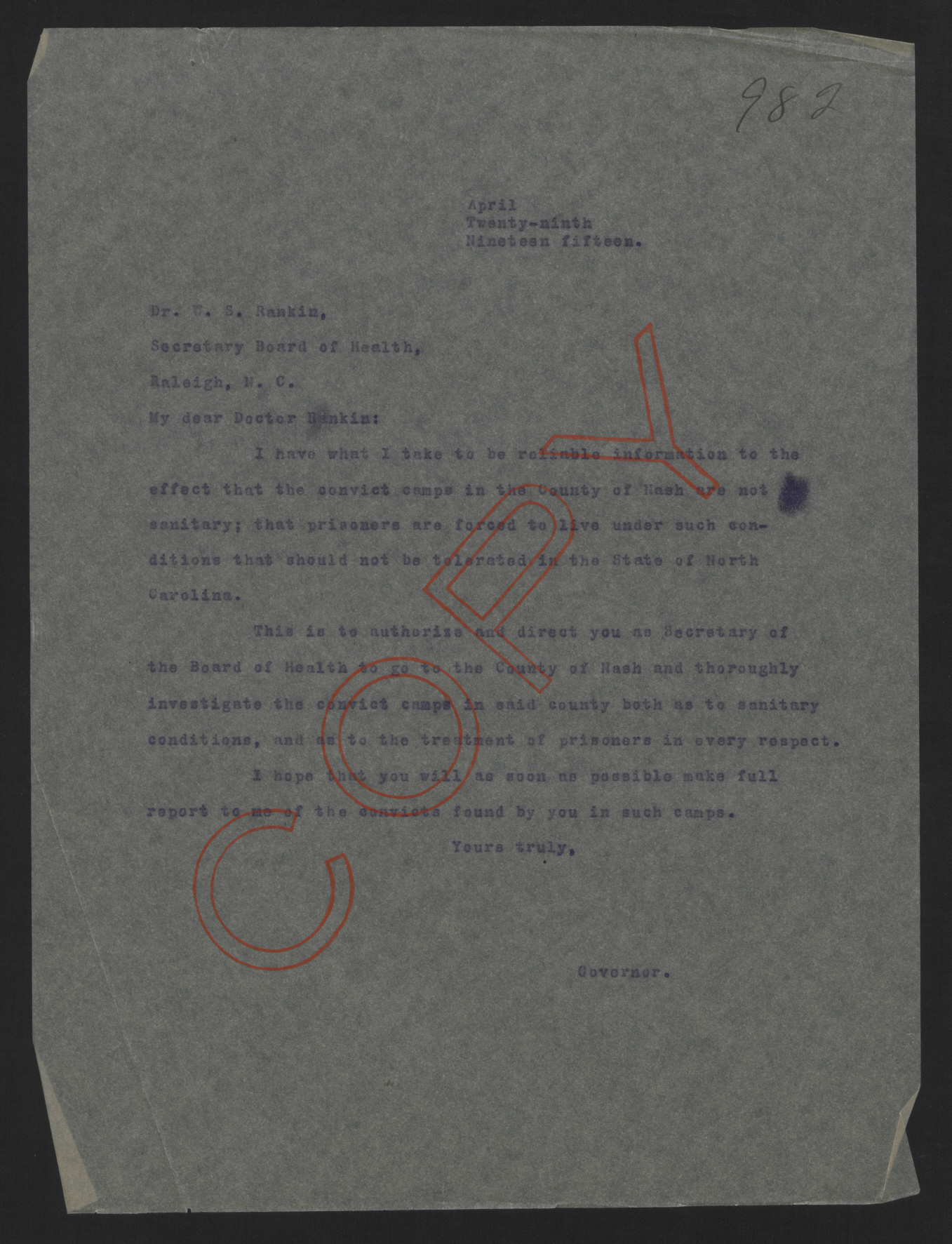 Letter from Craig to Rankin, April 29, 1915