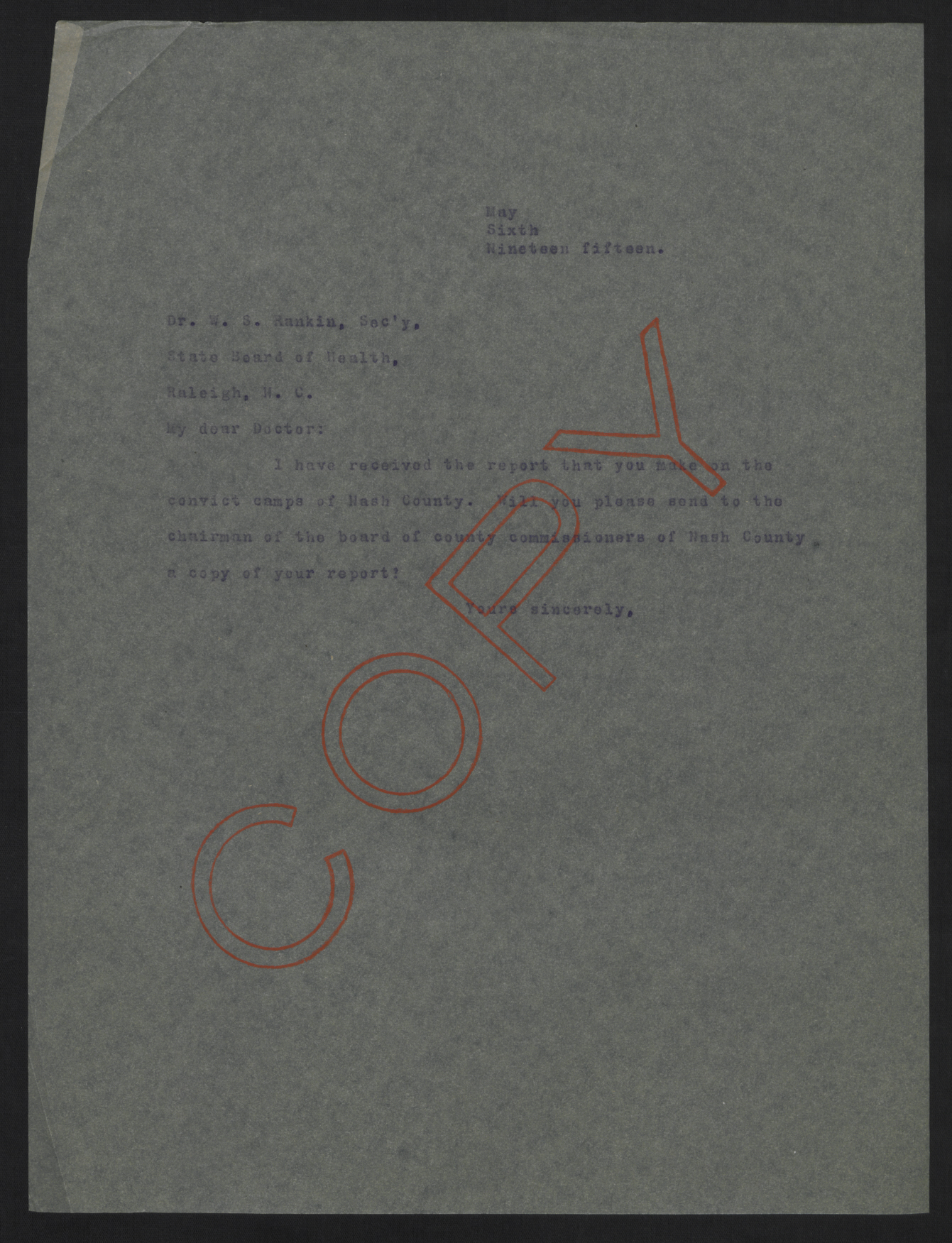Letter from Craig to Rankin, May 6, 1915
