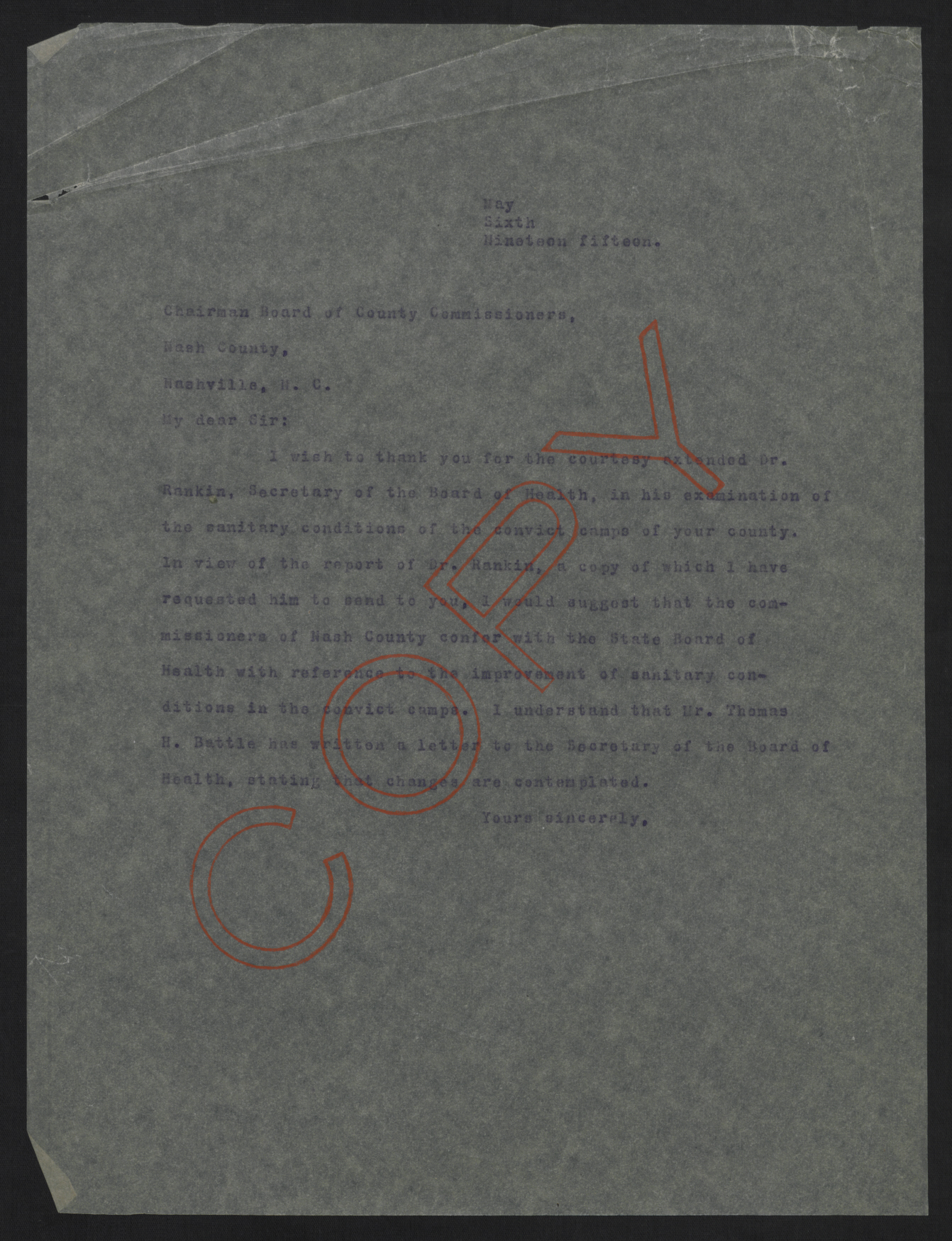 Letter from Locke Craig to the Chairman of the Board of County Commissioners for Nash County, 6 May 1915