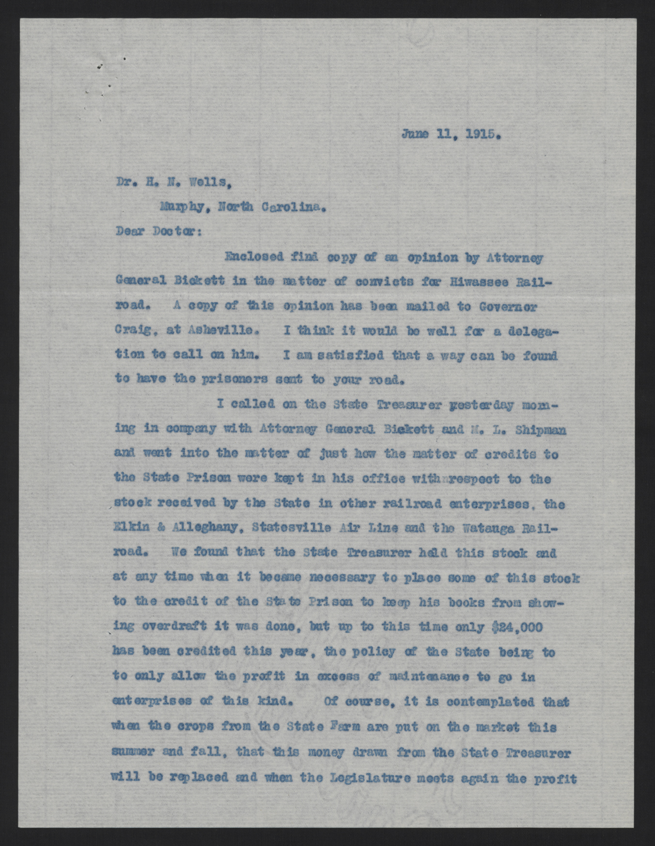 Letter from Lee to Wells, June 11, 1915, page 1