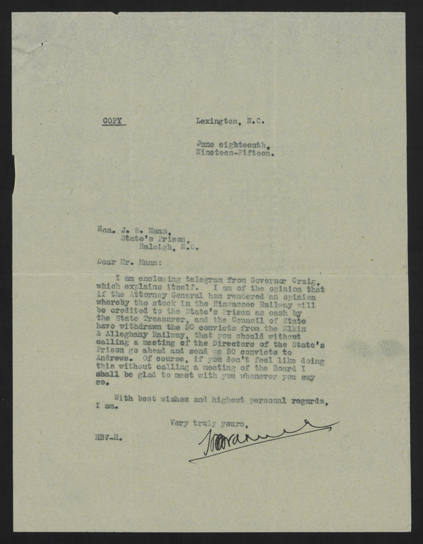Letter from Varner to Mann, June 18, 1915