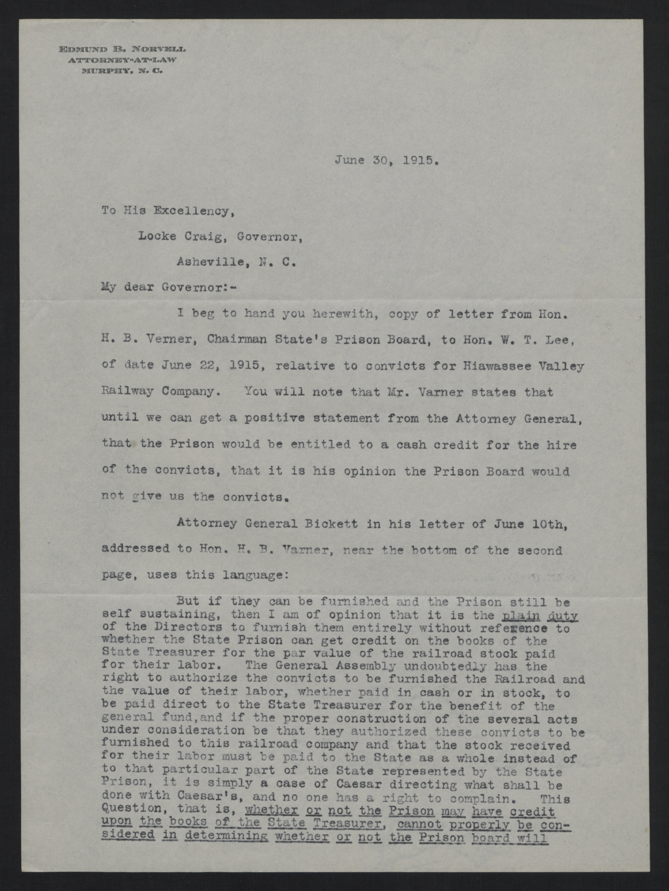 Letter from Norvell to Craig, June 30, 1915, page 1
