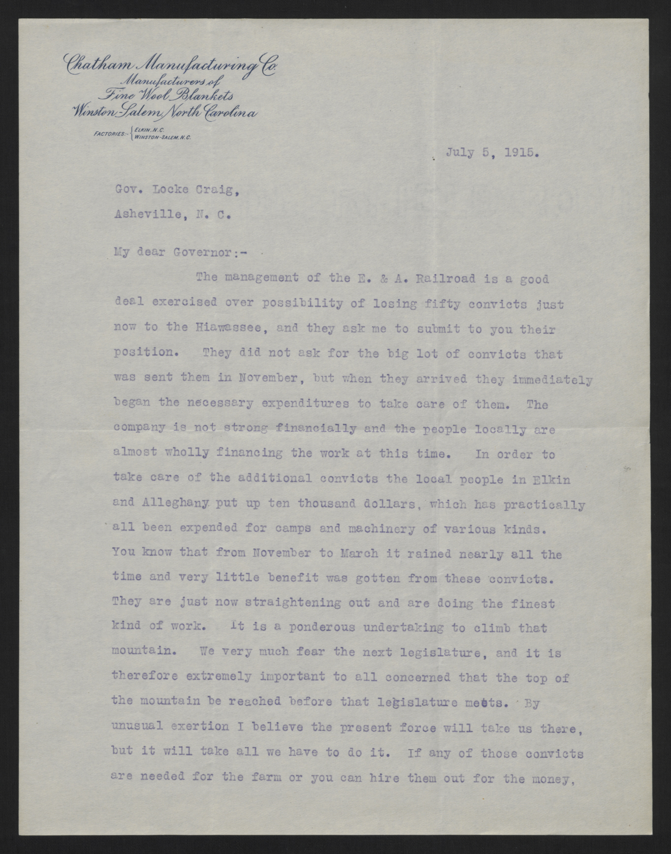 Letter from Chatham to Craig, July 5, 1915, page 1