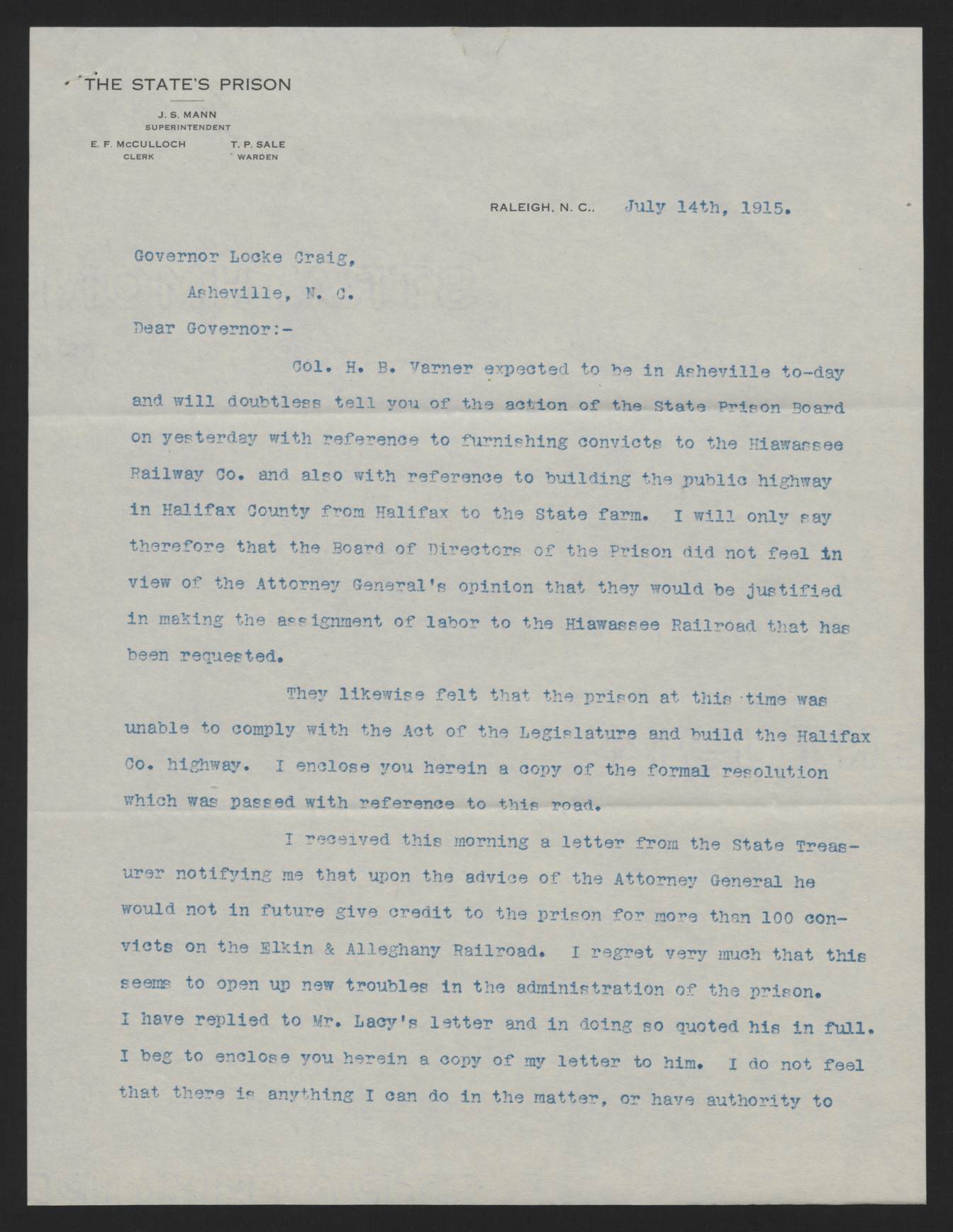 Letter from Mann to Craig, 14 July 1915, page 1