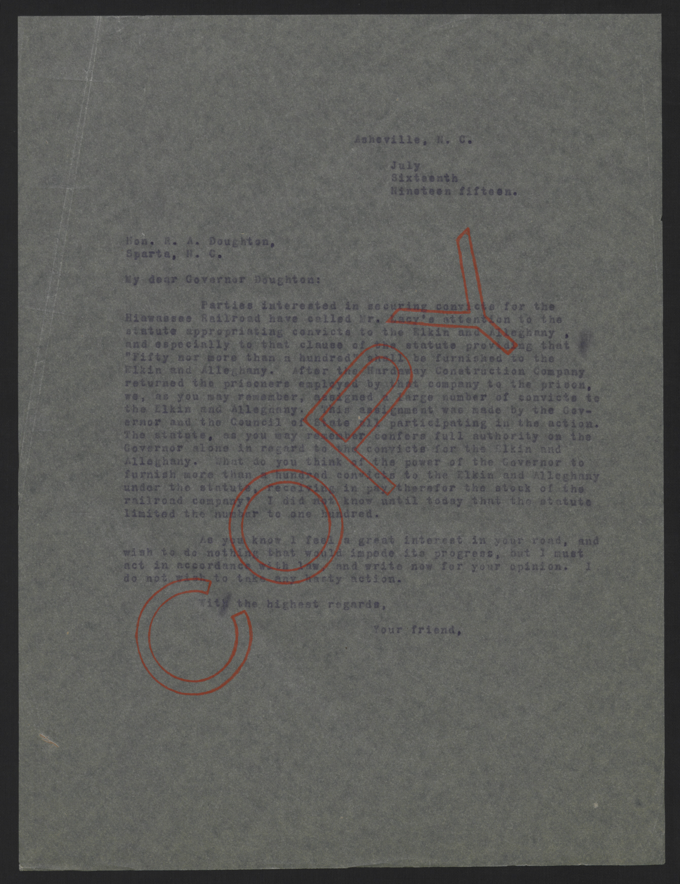 Letter from Craig to Doughton, July 16, 1915