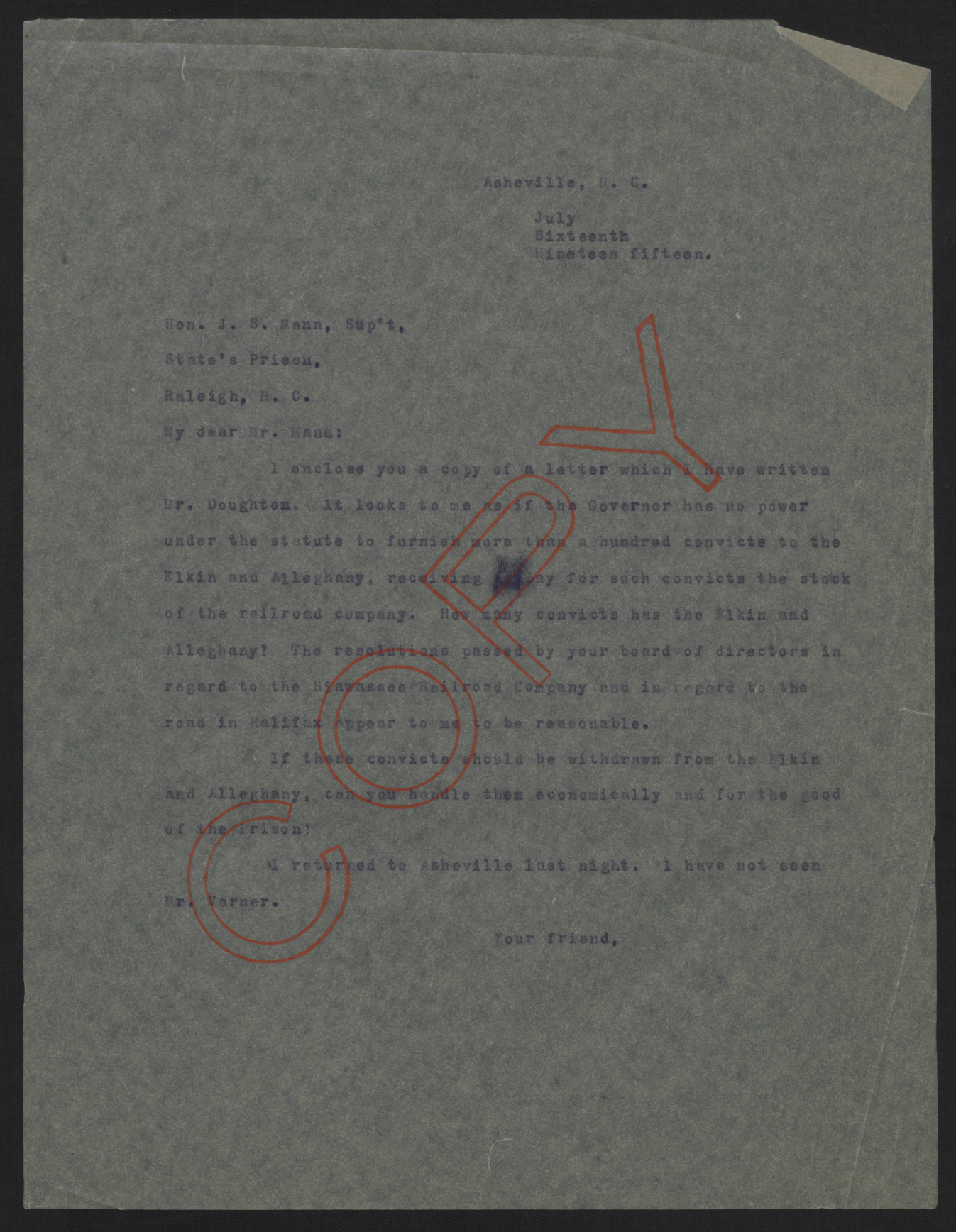 Letter from Craig to Mann, July 16, 1915