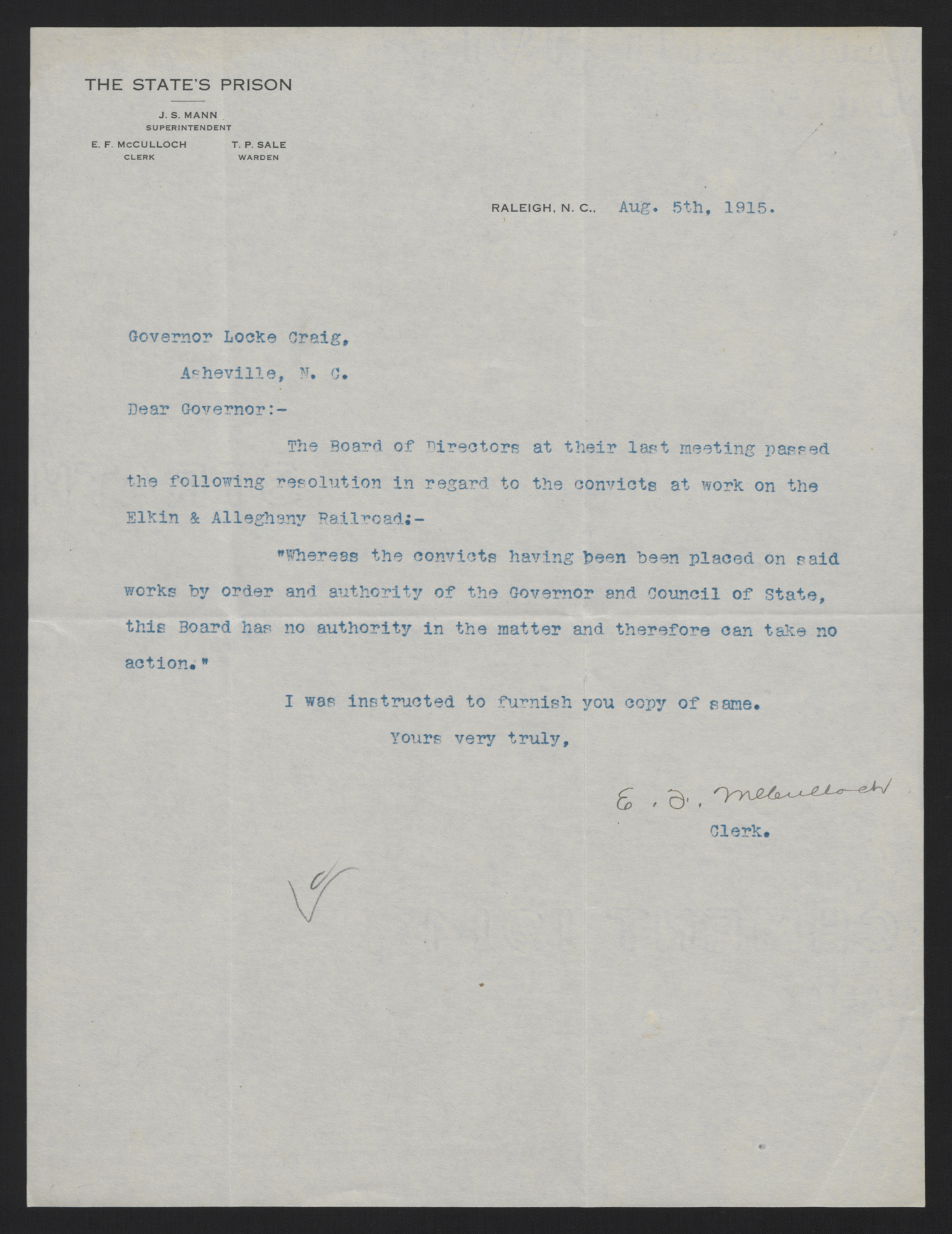 Letter from McCulloch to Craig, August 5, 1915