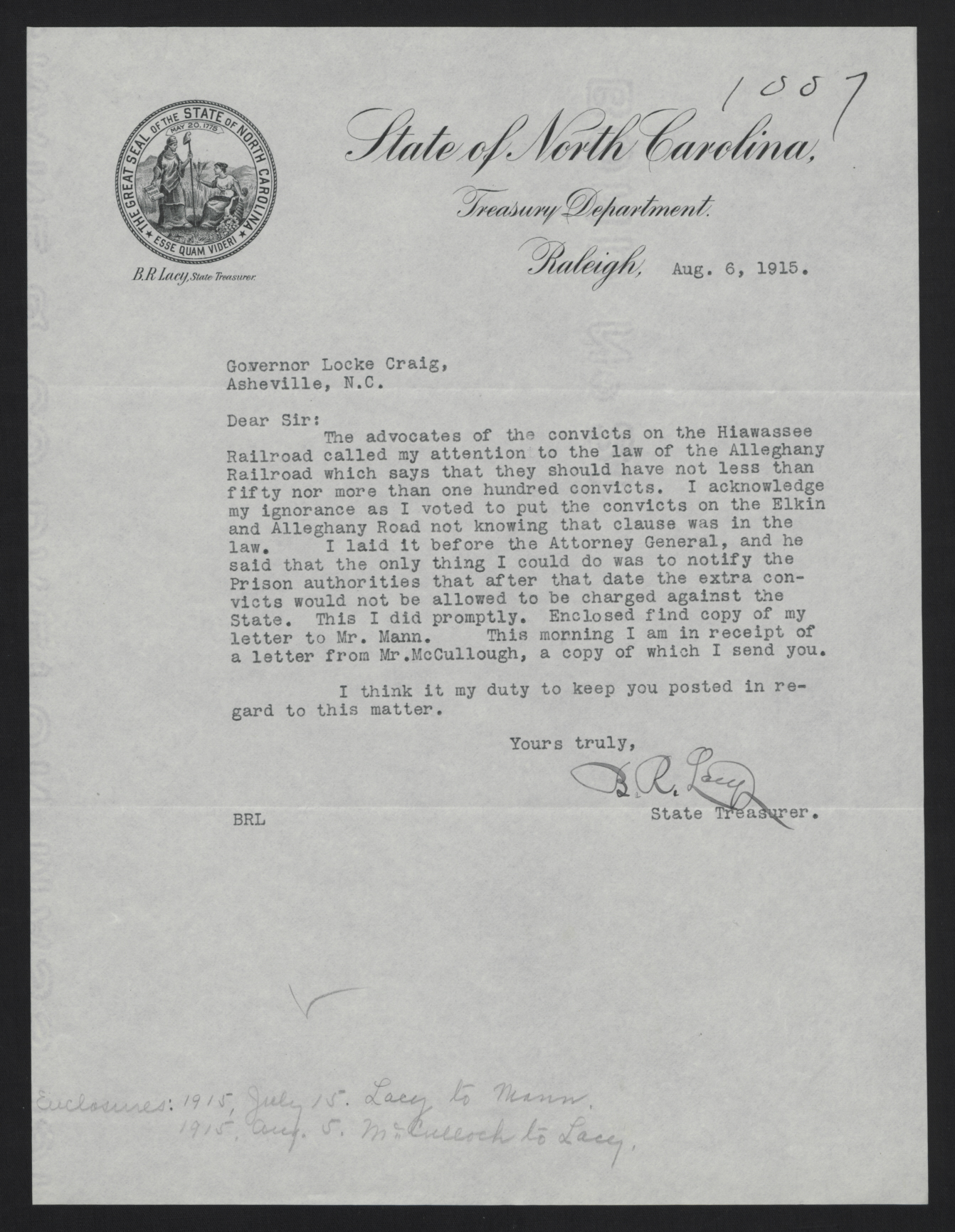Letter from Lacy to Craig, August 6, 1915
