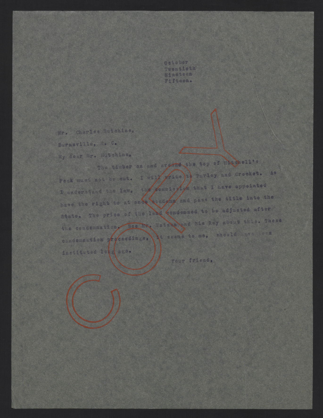 Letter from Craig to Hutchins, October 20, 1915