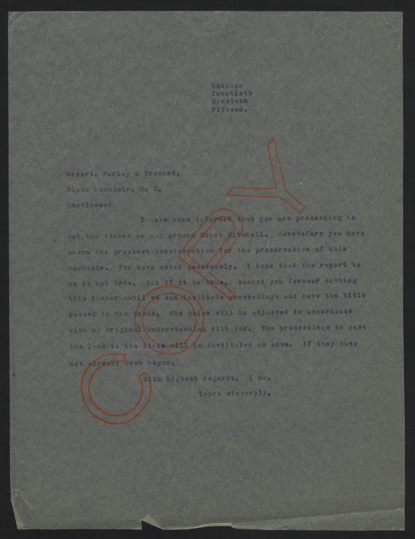Letter from Craig to Perley & Crockett, October 20, 1915