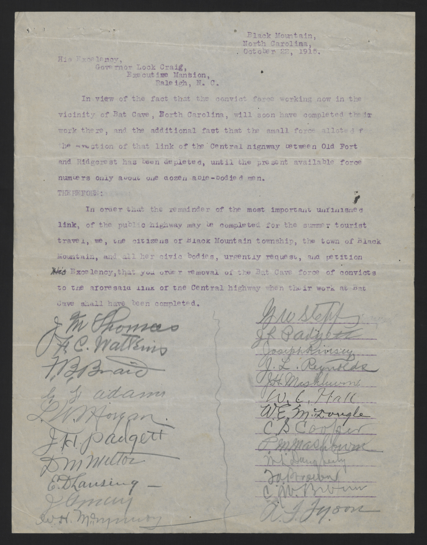 Petition from the Citizens of Black Mountain Township to Locke Craig, October 22, 1915, page 1