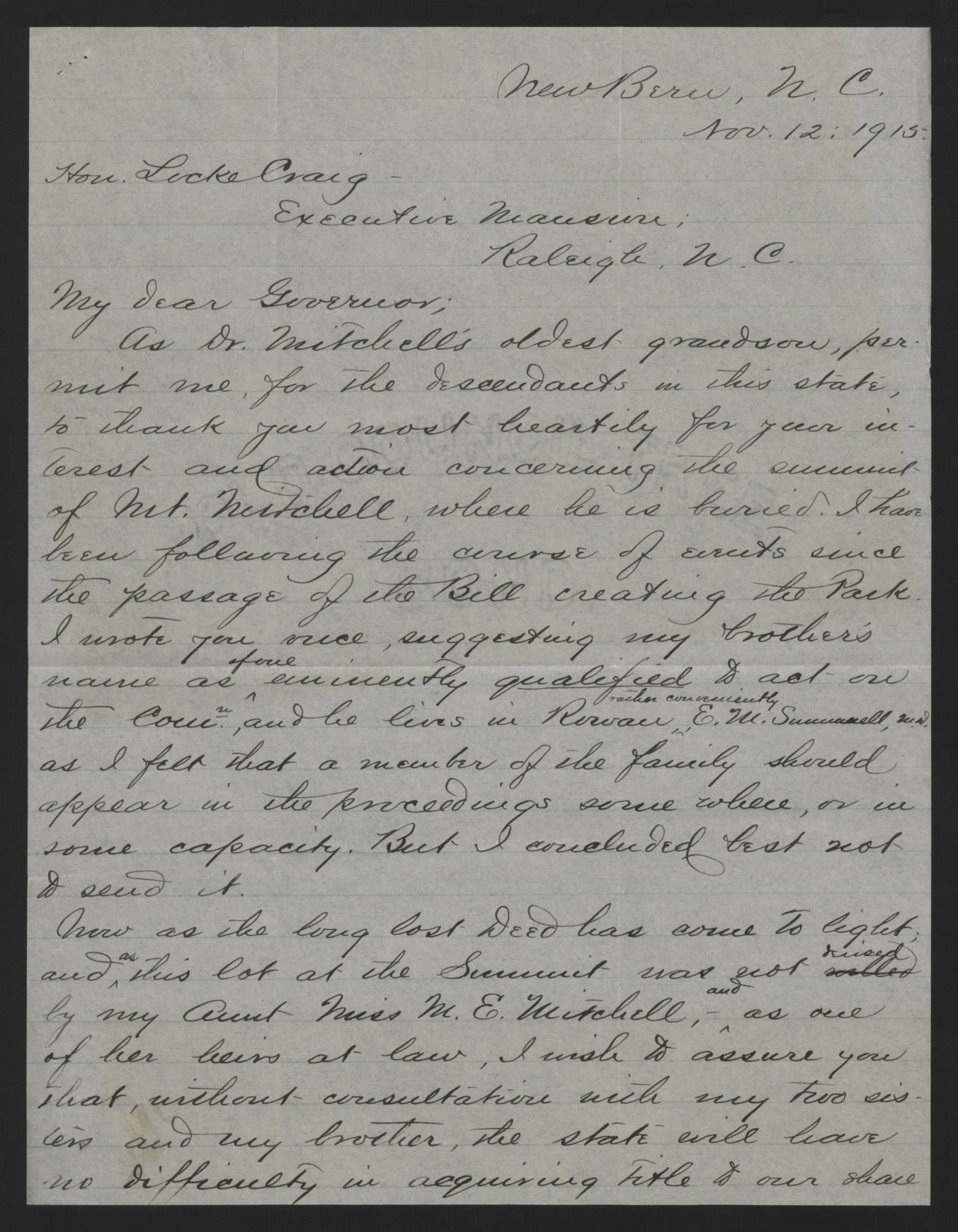 Letter from Summerell to Craig, November 12, 1915, page 1