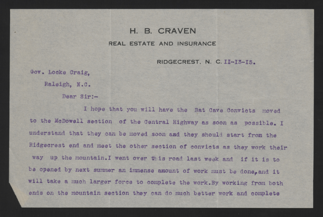 Letter from Craven to Craig, November 11, 1915, page 1
