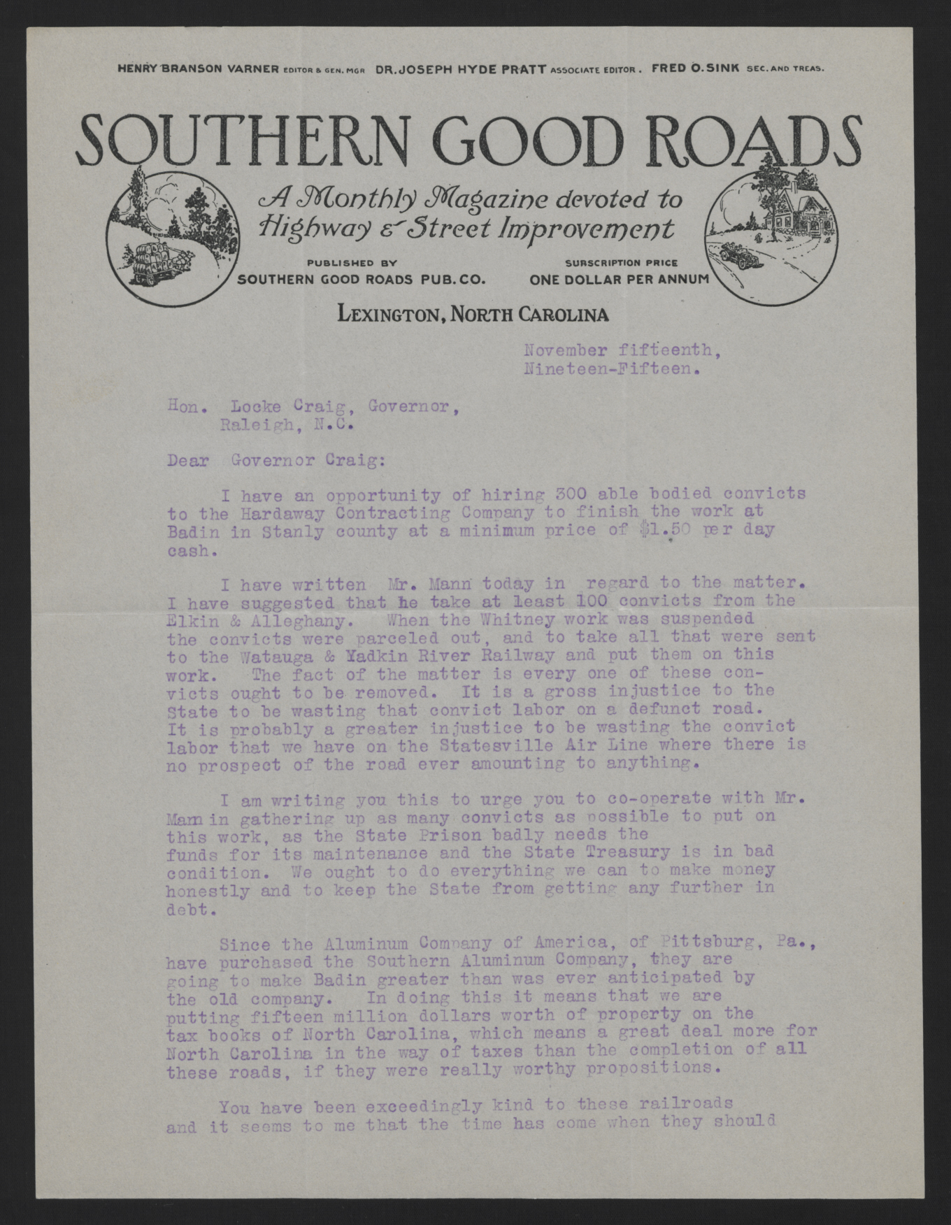 Letter from Varner to Craig, November 15, 1915, page 1