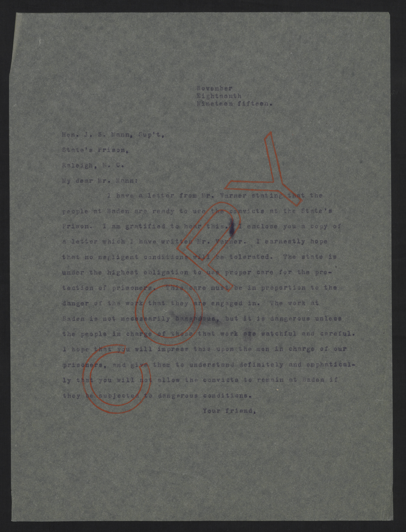 Letter from Craig to Mann, November 18, 1915