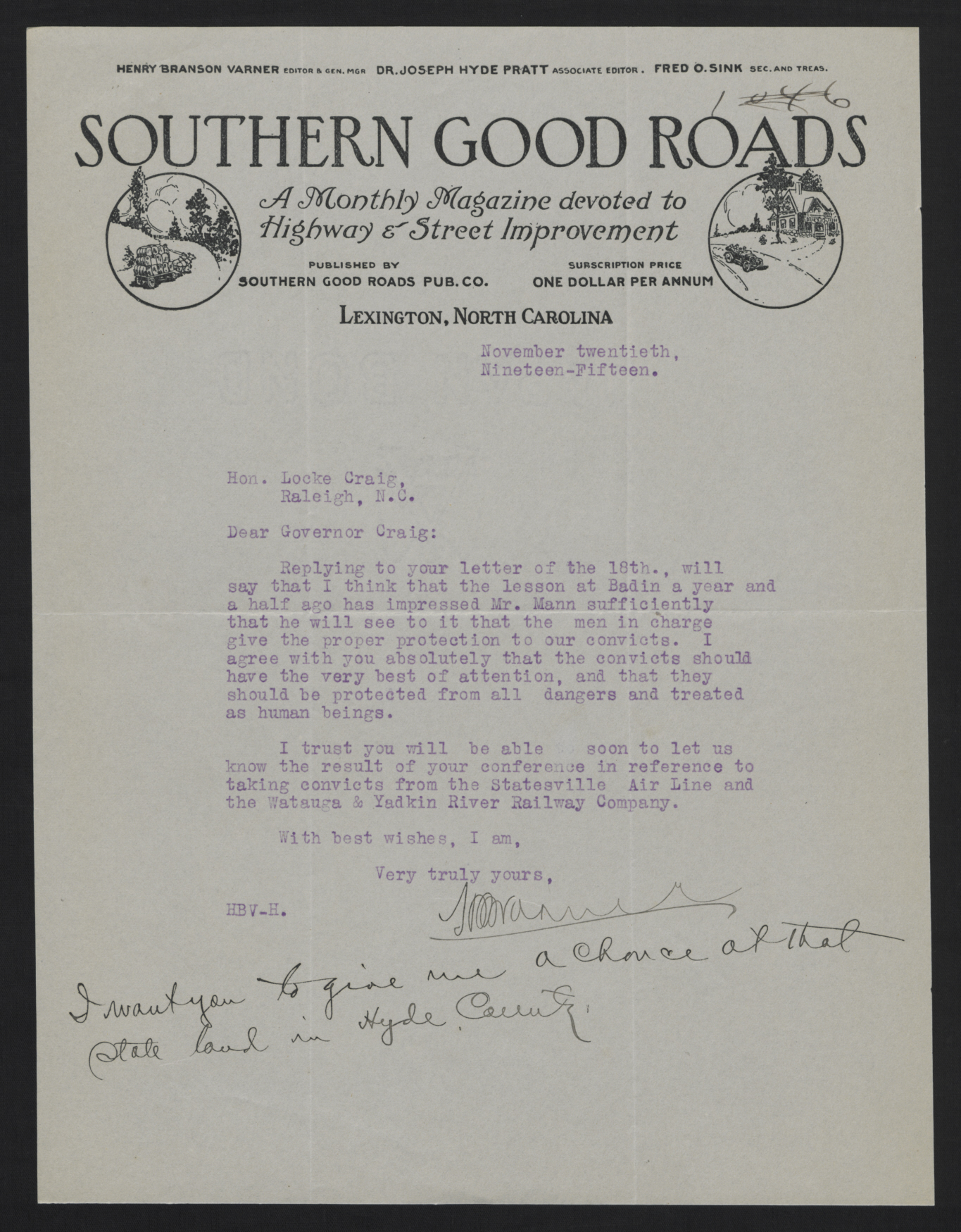 Letter from Varner to Craig, November 20, 1915