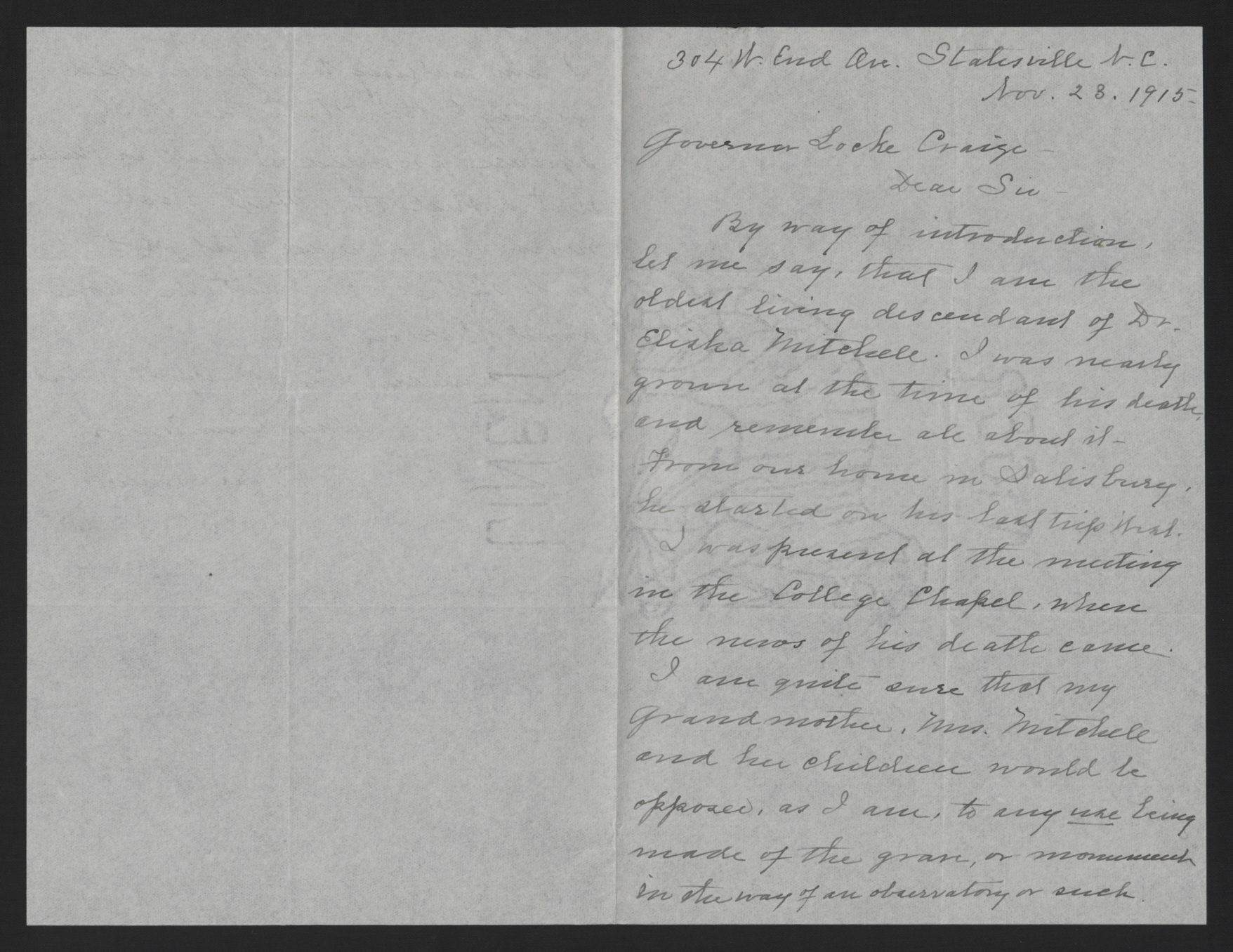 Letter from Coit to Craig, November 23, 1915, page 1