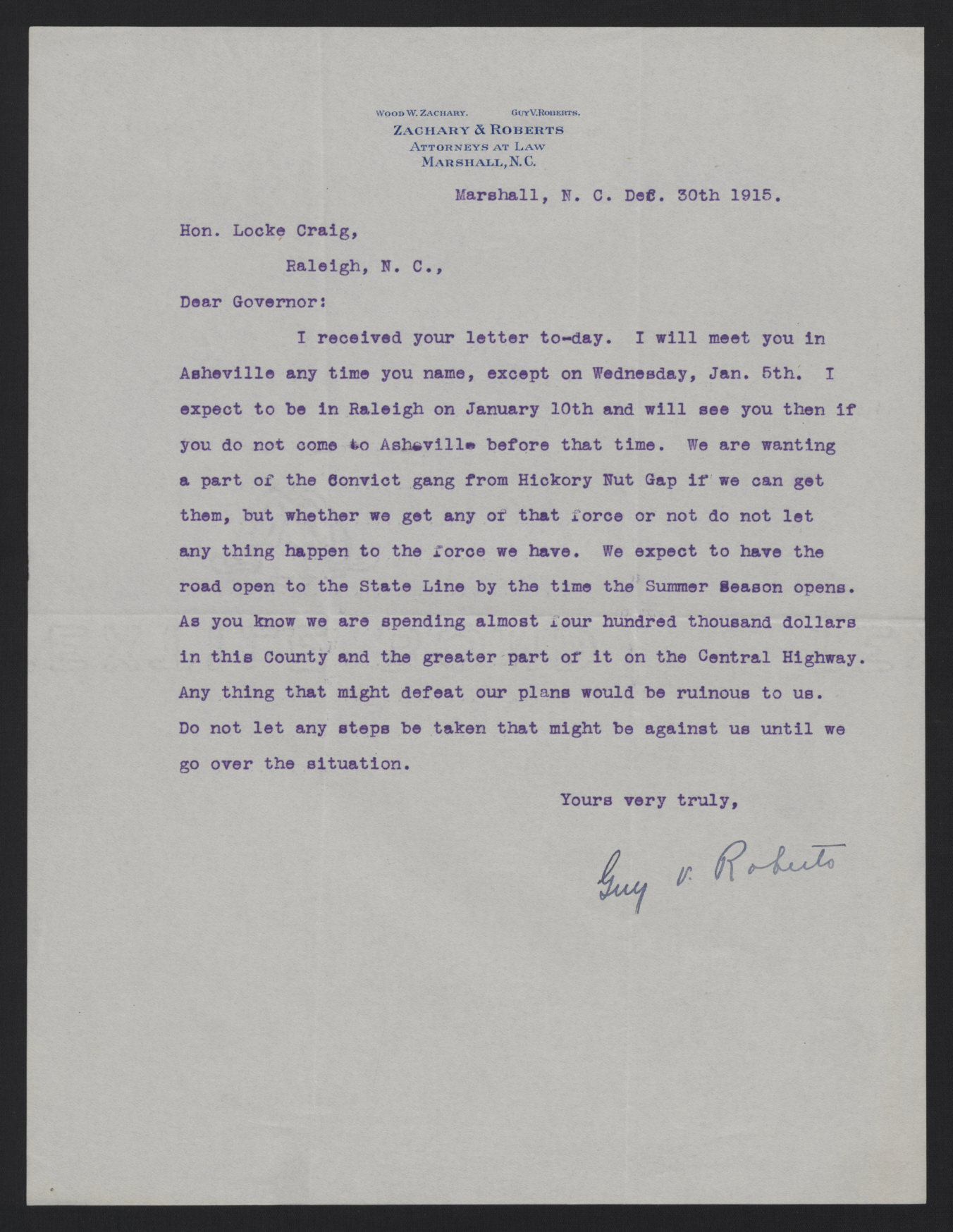 Letter from Roberts to Craig, December 30, 1915