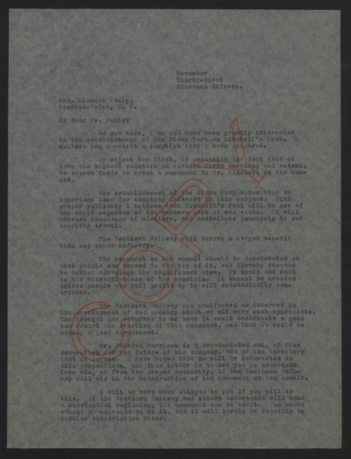 Letter from Craig to Manly, December 31, 1915, page 1