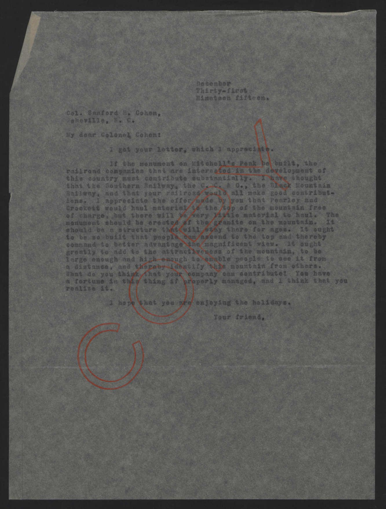 Letter from Craig to Cohen, December 31, 1915