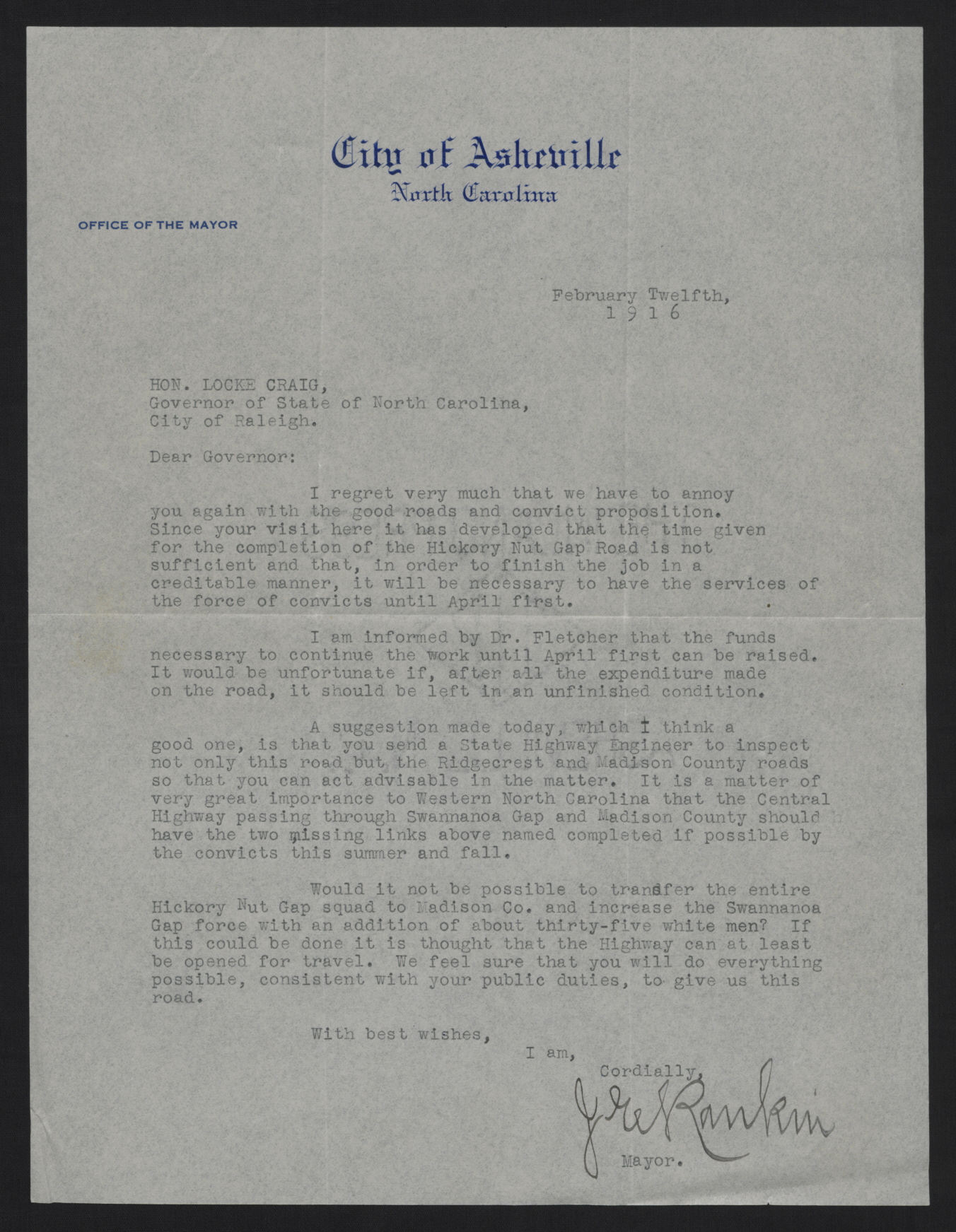 Letter from Rankin to Craig, February 12, 1916