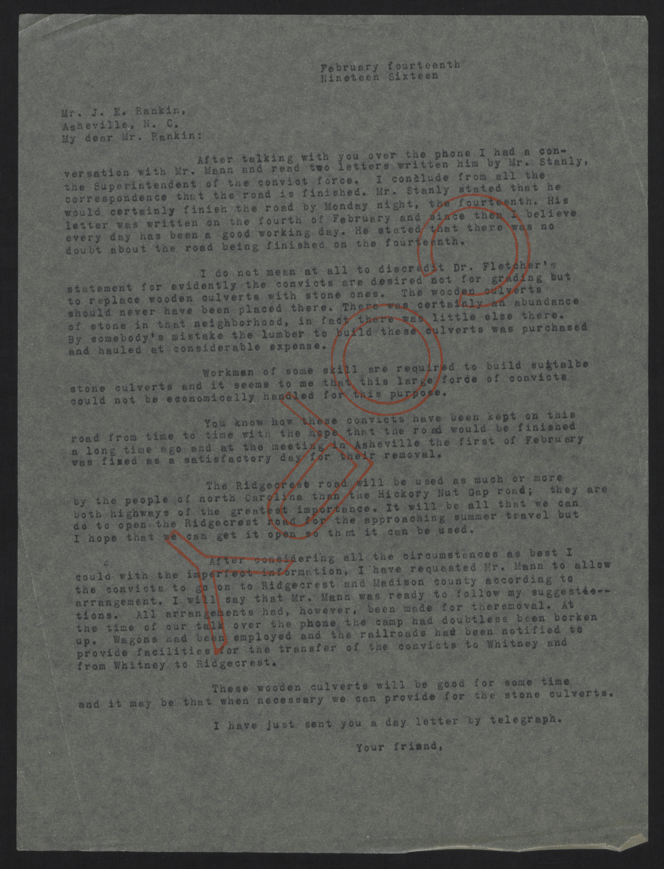 Letter from Craig to Rankin, February 14, 1916