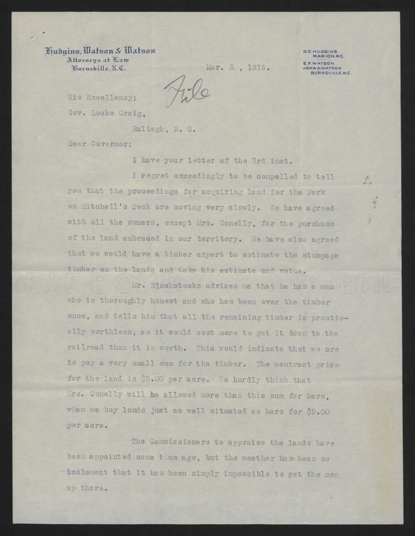 Letter from Watson to Craig, March 6, 1916, page 1