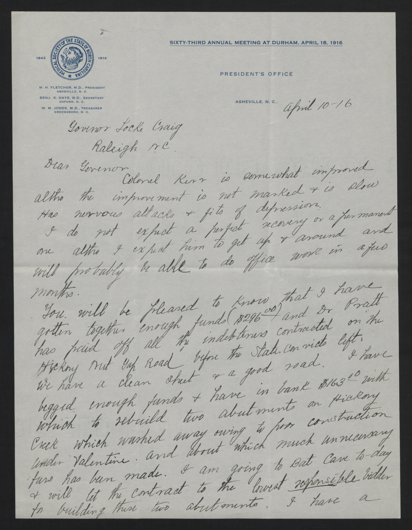 Letter from Fletcher to Craig, April 10, 1916, page 1