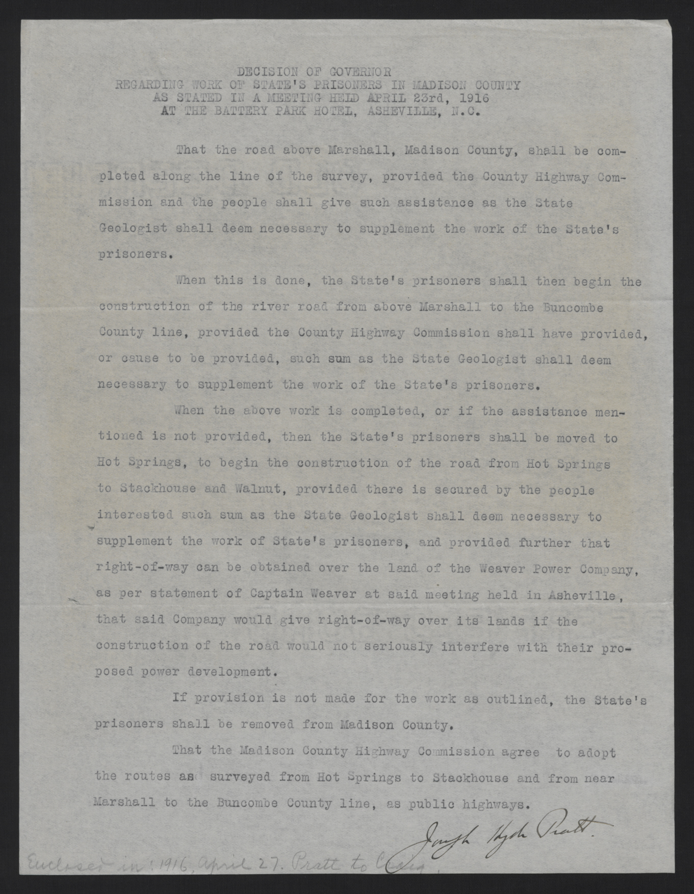 Memo Regarding Governor's Decision on Convict Labor in Madison County by Joseph Hyde Pratt, 23 April 1916