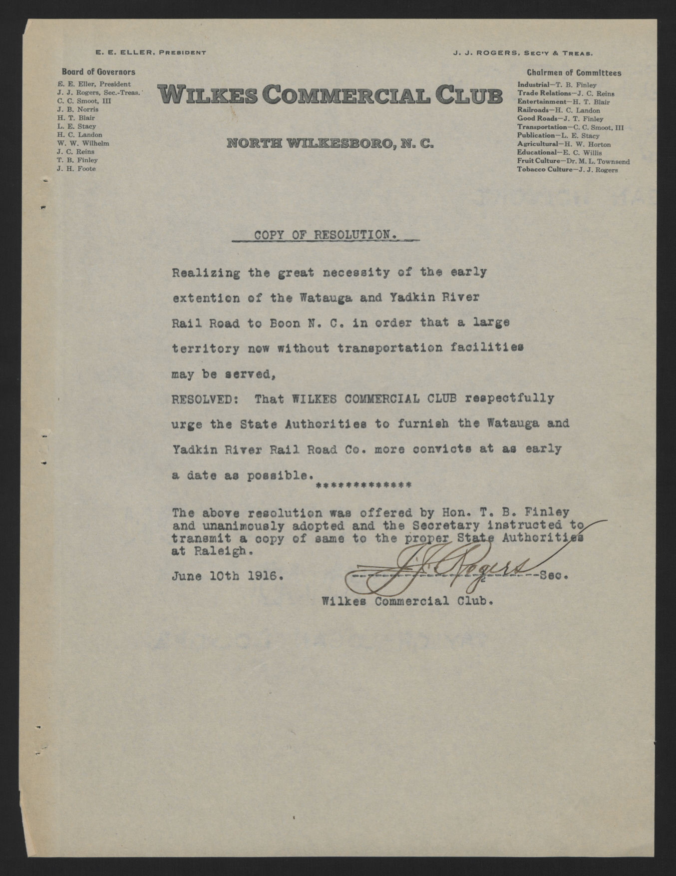 Resolution by the Wilkes Commercial Club, June 10, 1916