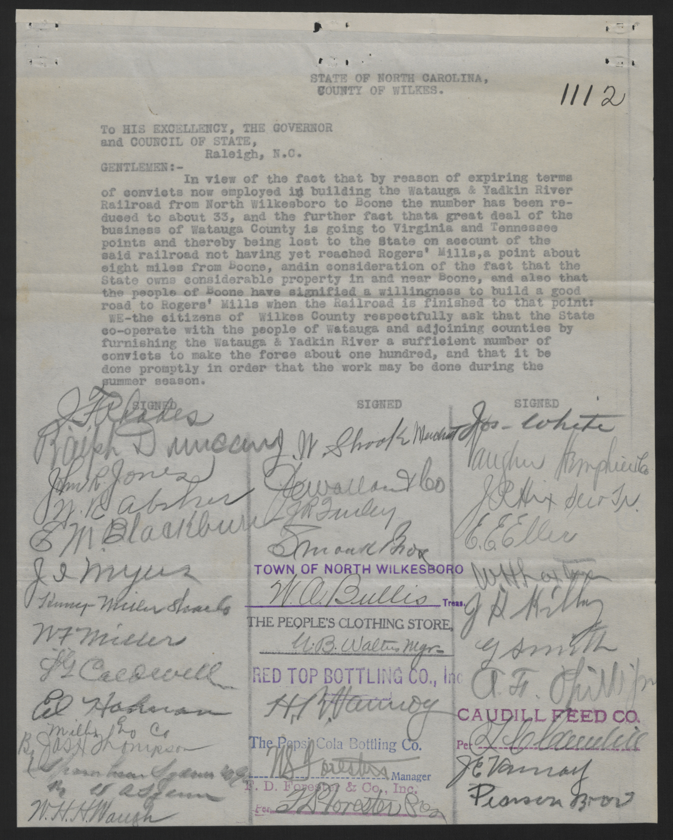 Petition from the Citizens of Wilkes County to Locke Craig and the Council of State, circa June 1916, page 1