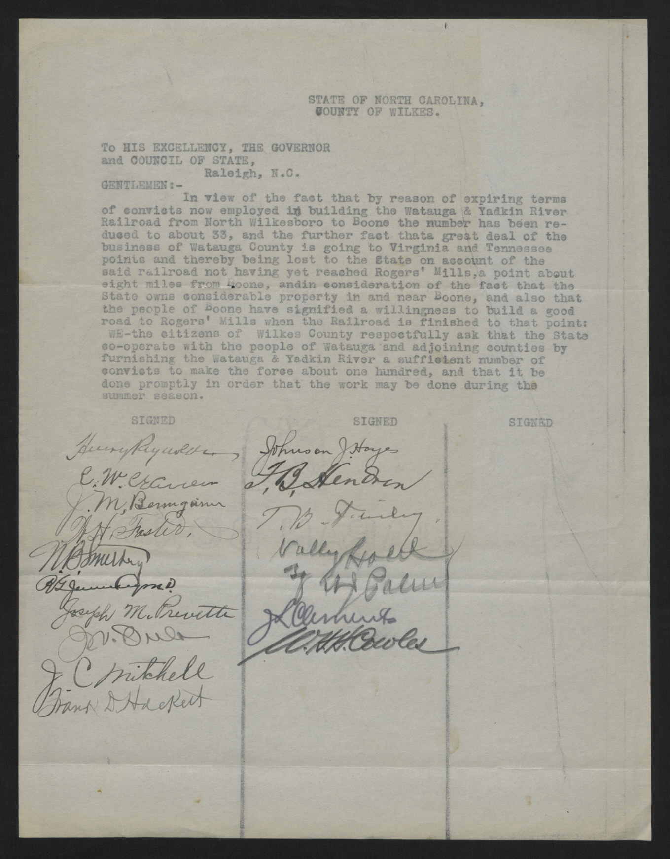Petition from the Citizens of Wilkes County to Locke Craig and the Council of State, circa June 1916, page 2