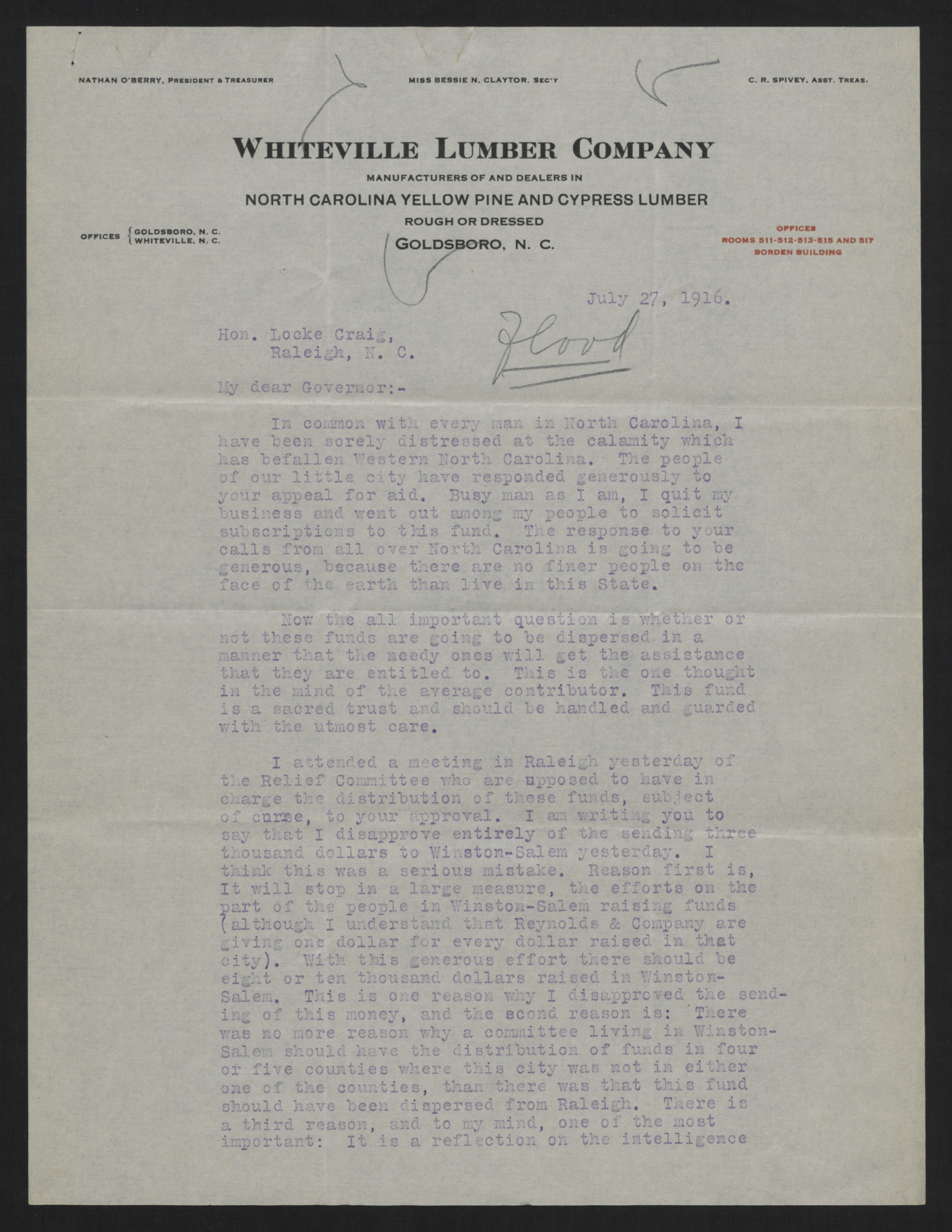 Letter from O'Berry to Craig, July 27, 1916, page 1