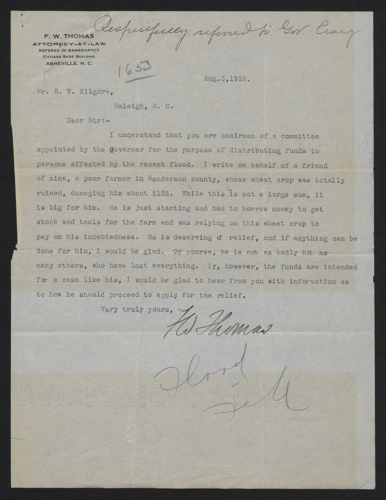 Letter from Thomas to Kilgore, August 3, 1916