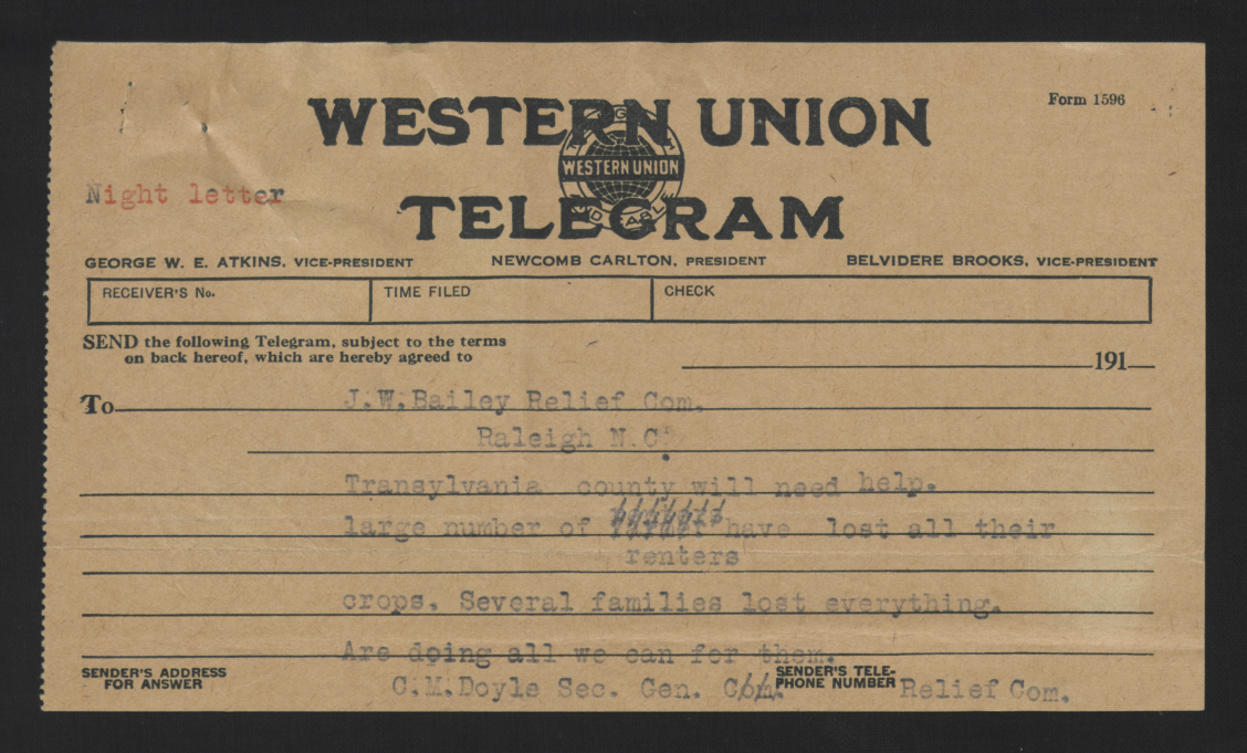 Telegram from Doyle to Bailey, August 1, 1916