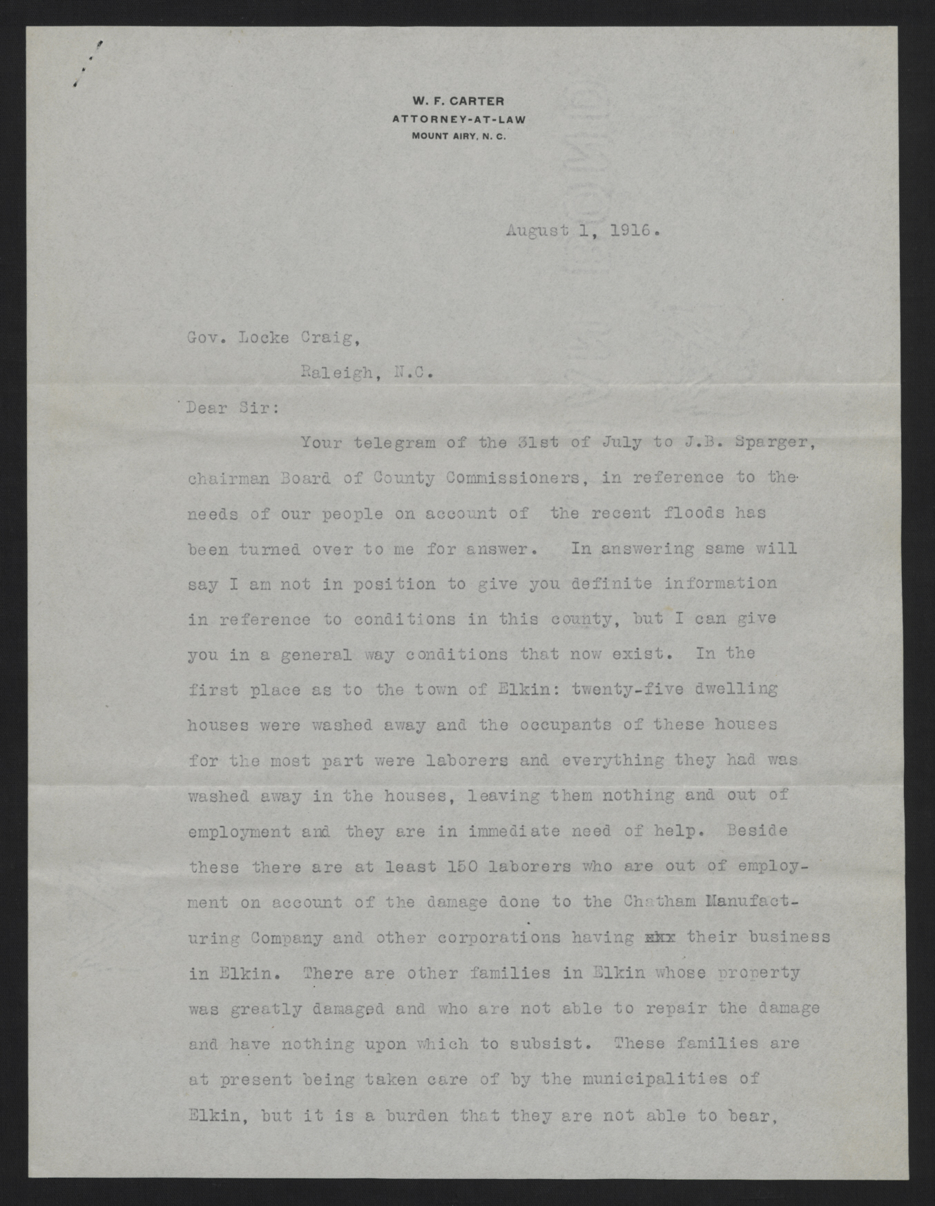 Letter from Carter to Craig, August 1, 1916, page 1