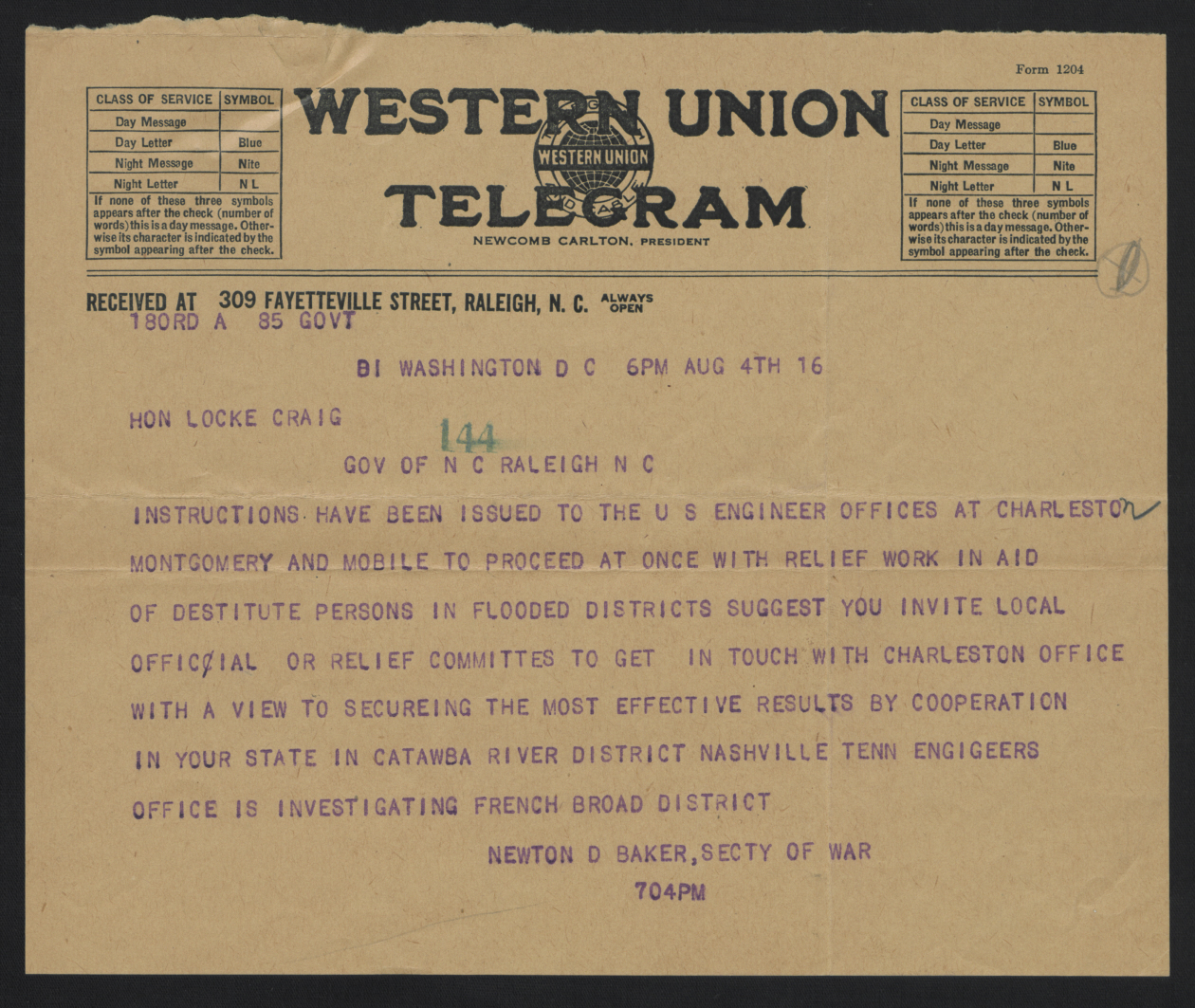 Telegram from Baker to Craig, 4 August 1916