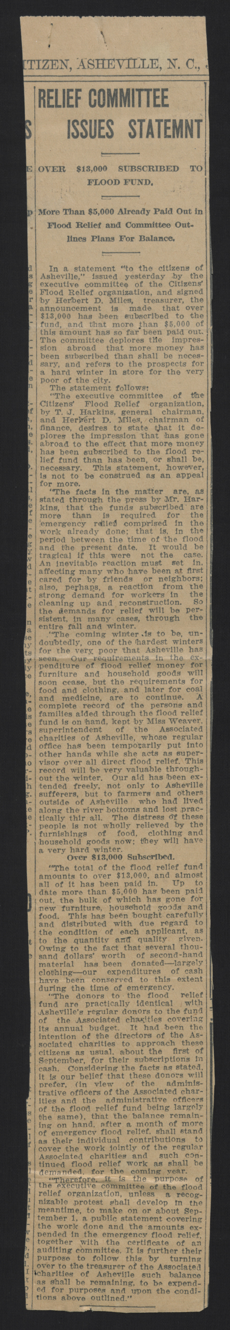 "Relief Committee Issues Statemnt (sic)," from the Asheville Citizen-Times, 30 July 1916