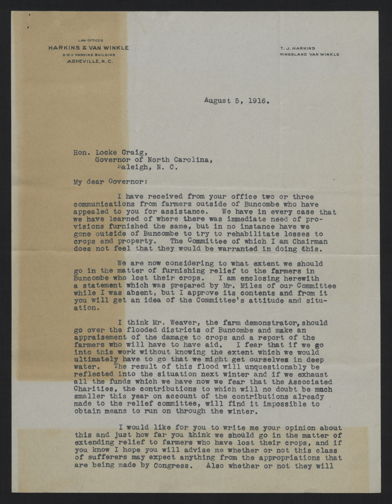 Letter from Harkins to Craig, August 5, 1916, page 1