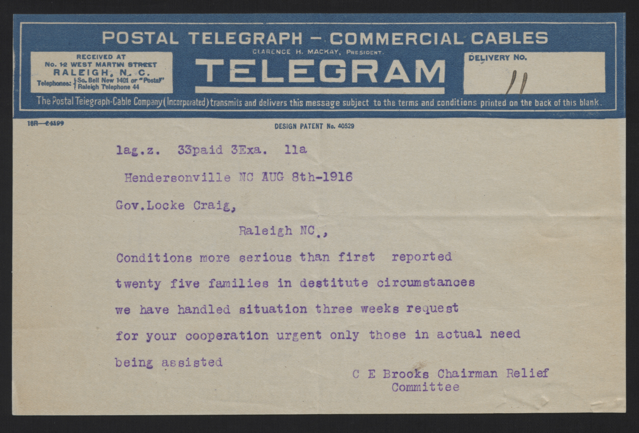 Telegram from Brooks to Craig, August 8, 1916