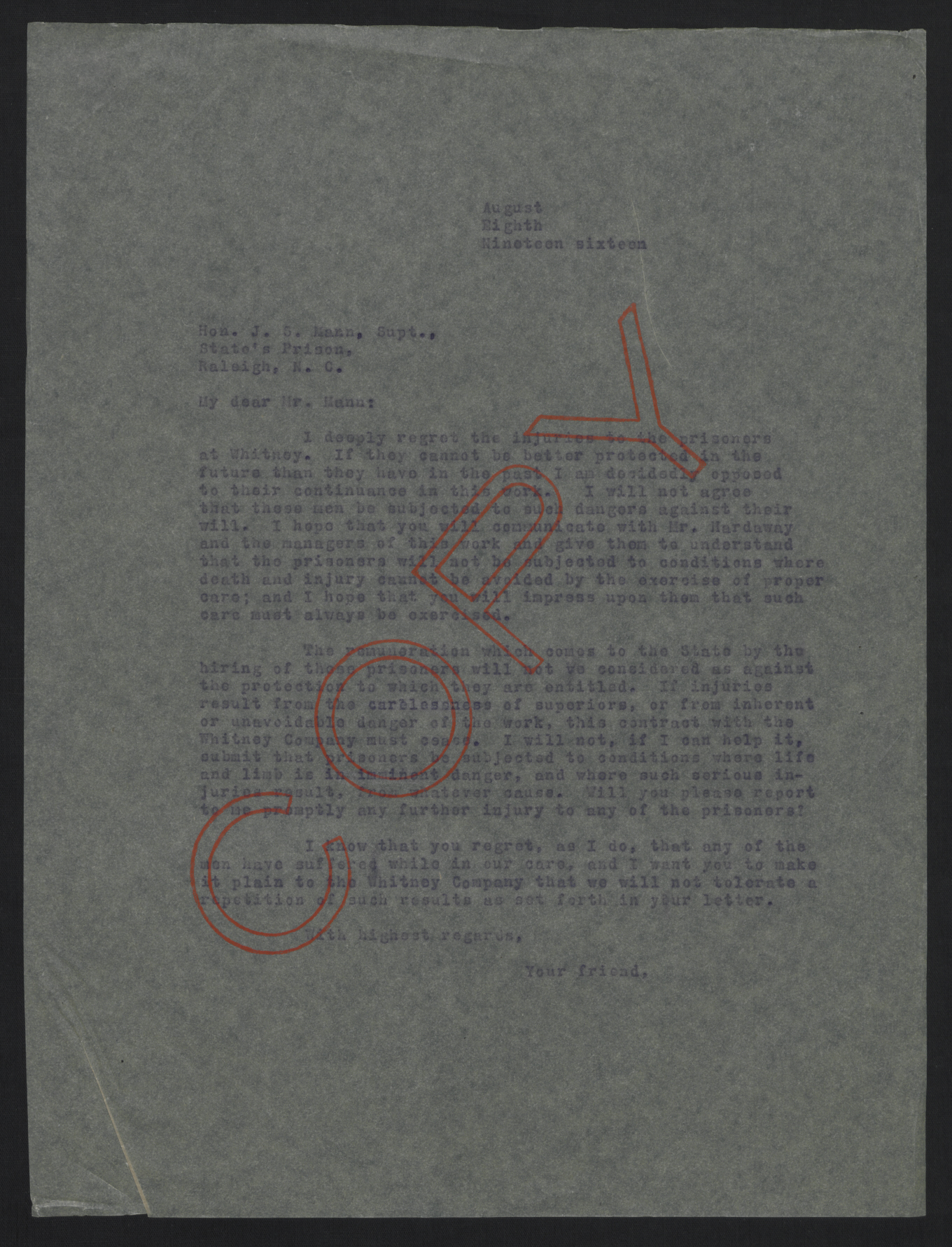 Letter from Craig to Mann, August 8, 1916