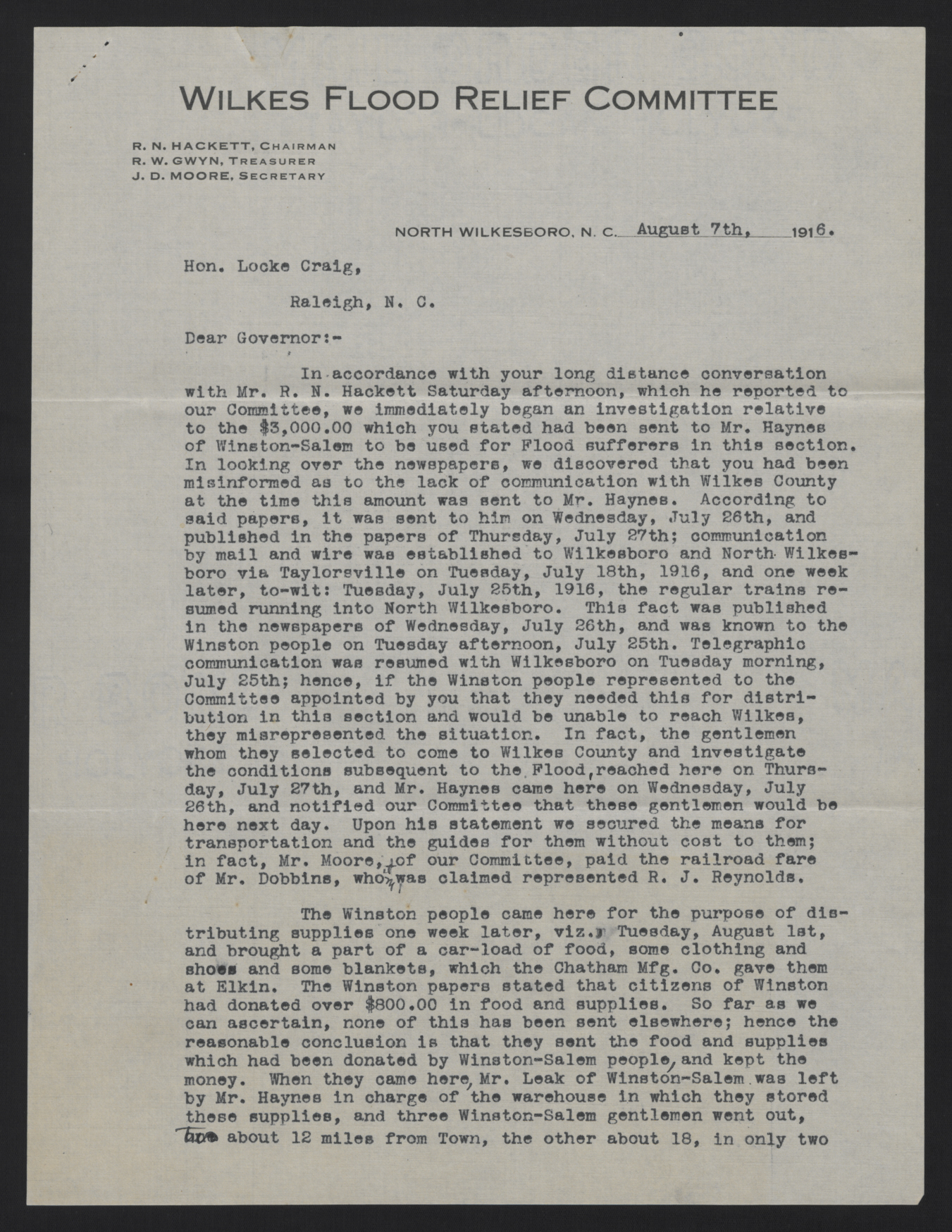 Letter from Wilkes Flood Relief Committee to Craig, August 7, 1916, page 1