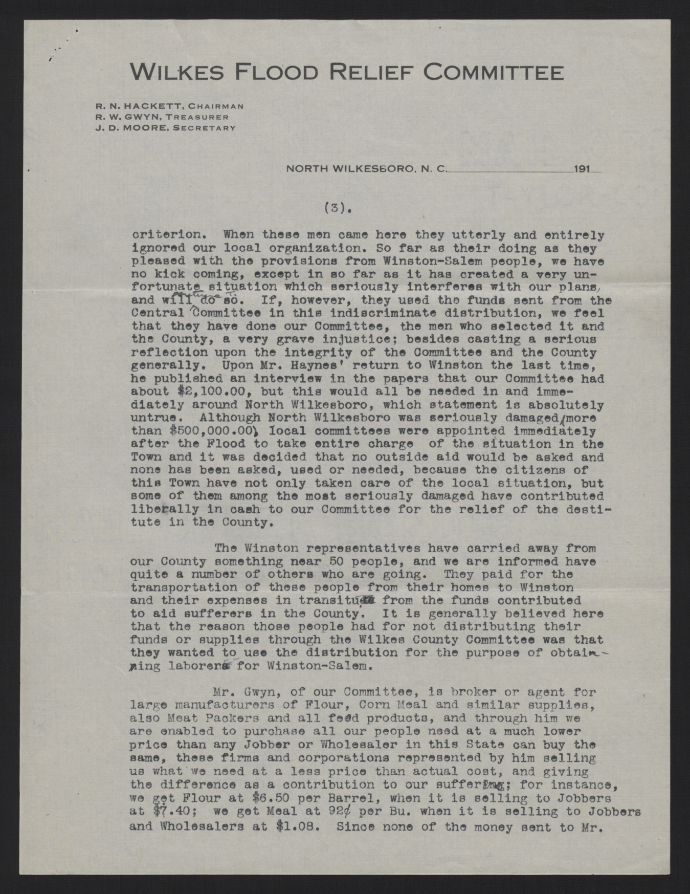 Letter from Wilkes Flood Relief Committee to Craig, August 7, 1916, page 3