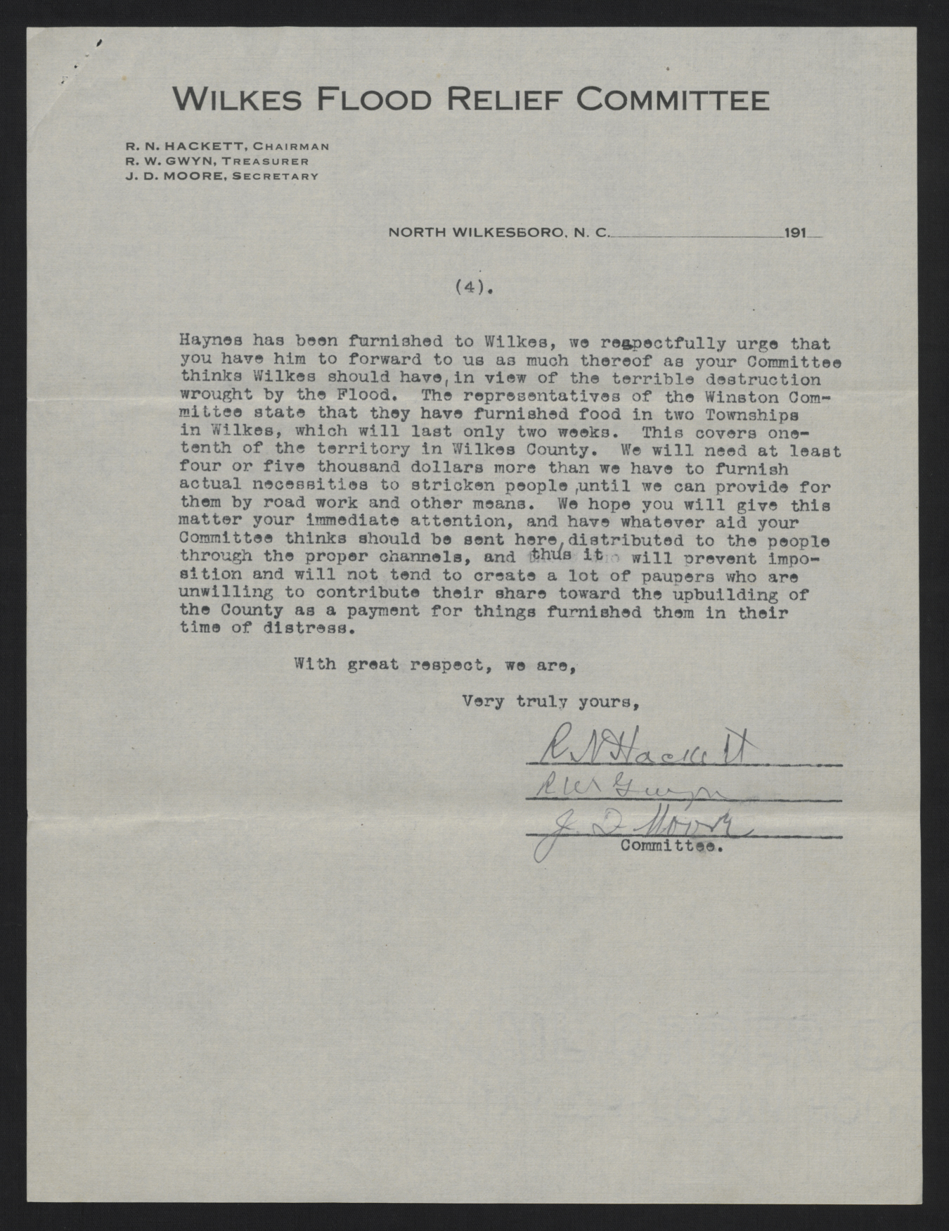 Letter from Wilkes Flood Relief Committee to Craig, August 7, 1916, page 4