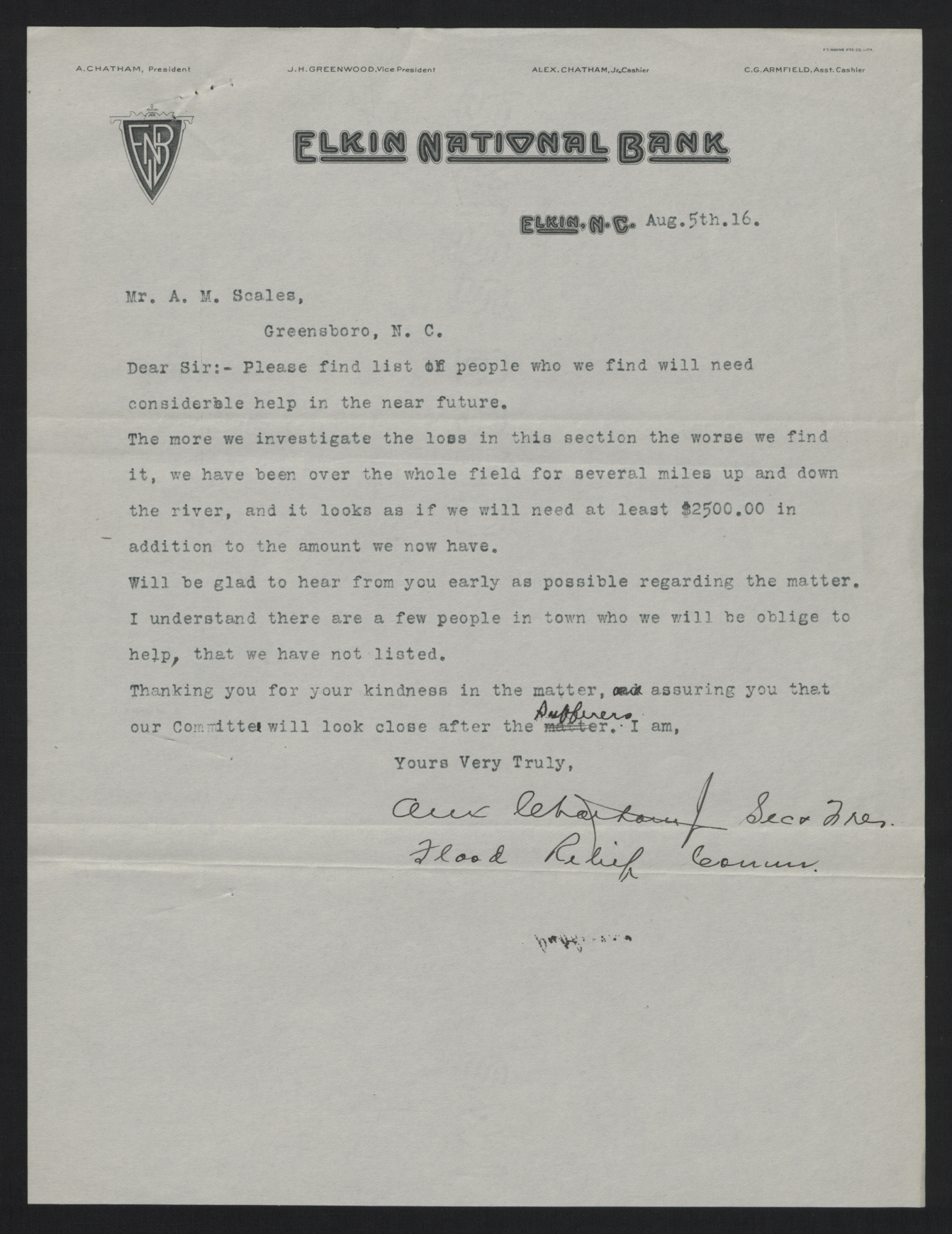 Letter from Chatham to Scales, August 5, 1916