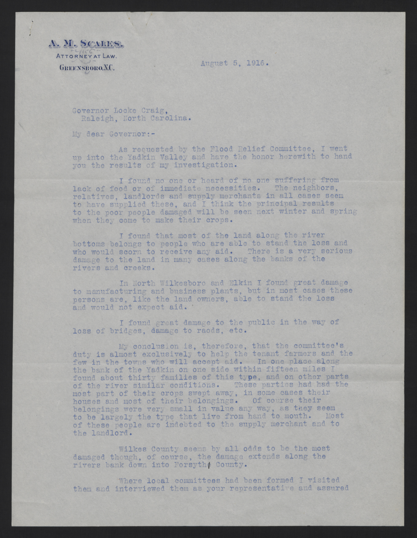 Letter from Scales to Craig, August 5, 1916, page 1