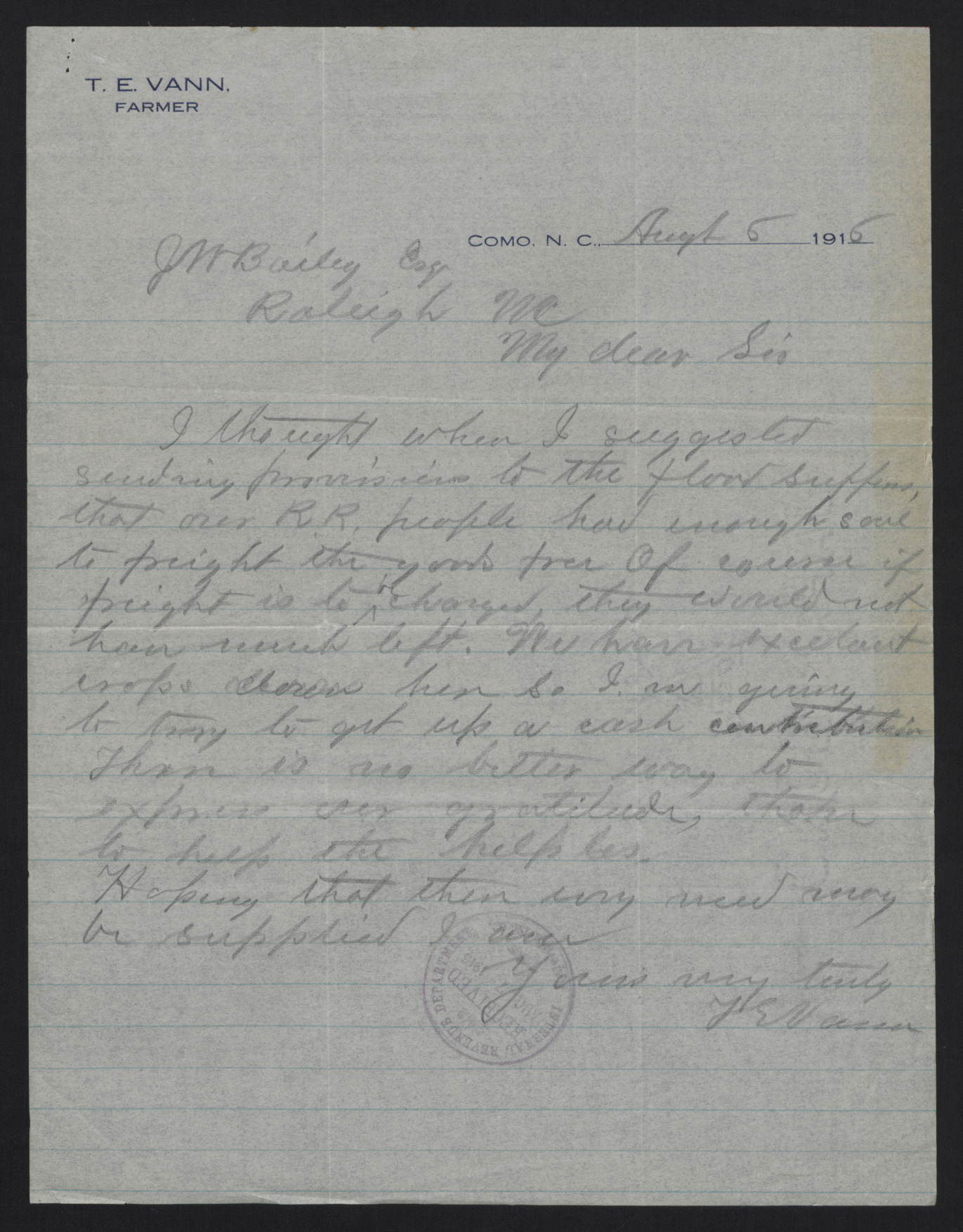 Letter from Vann to Bailey, August 5, 1916