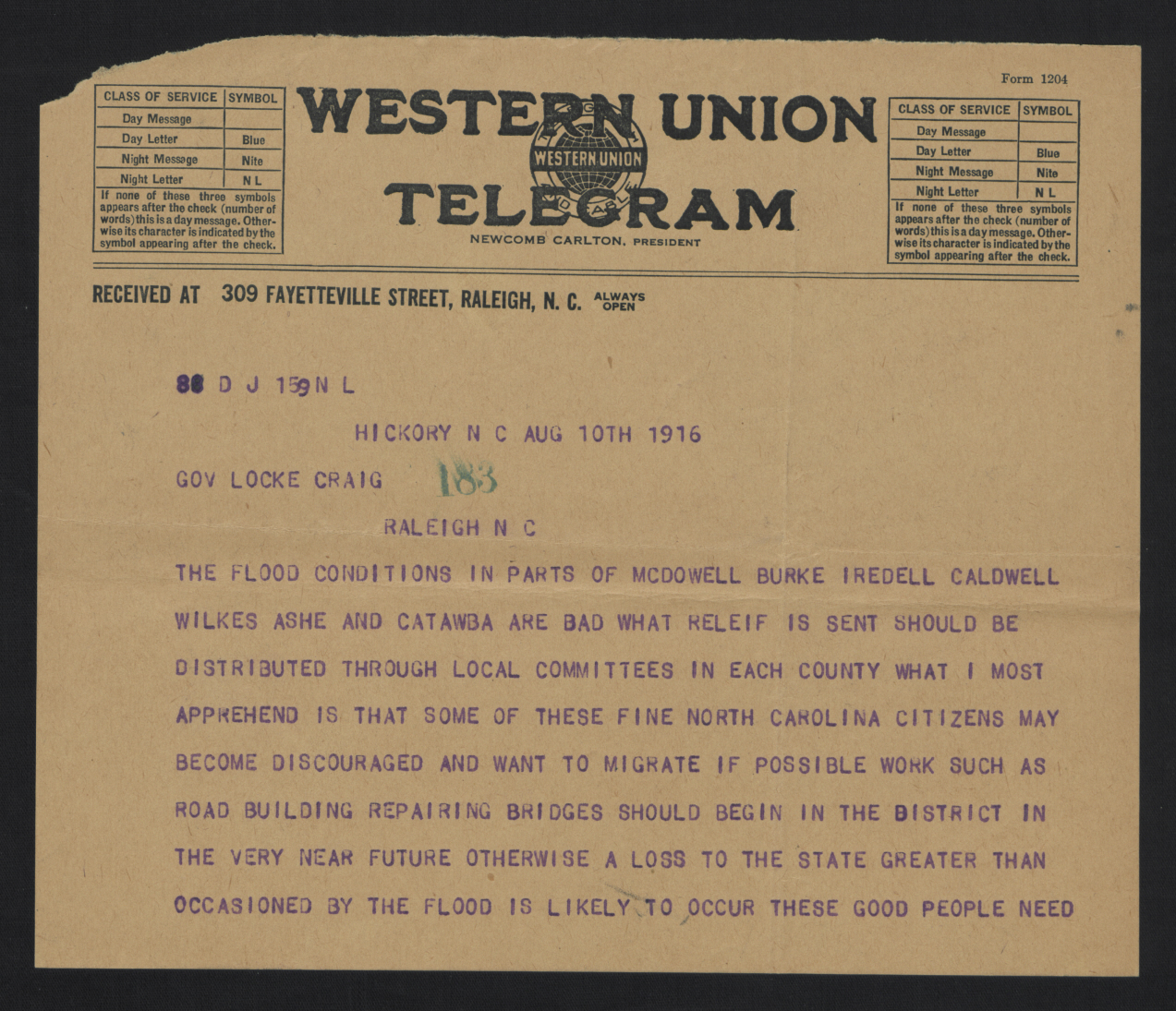 Telegram from Carr to Craig, August 10, 1916, page 1